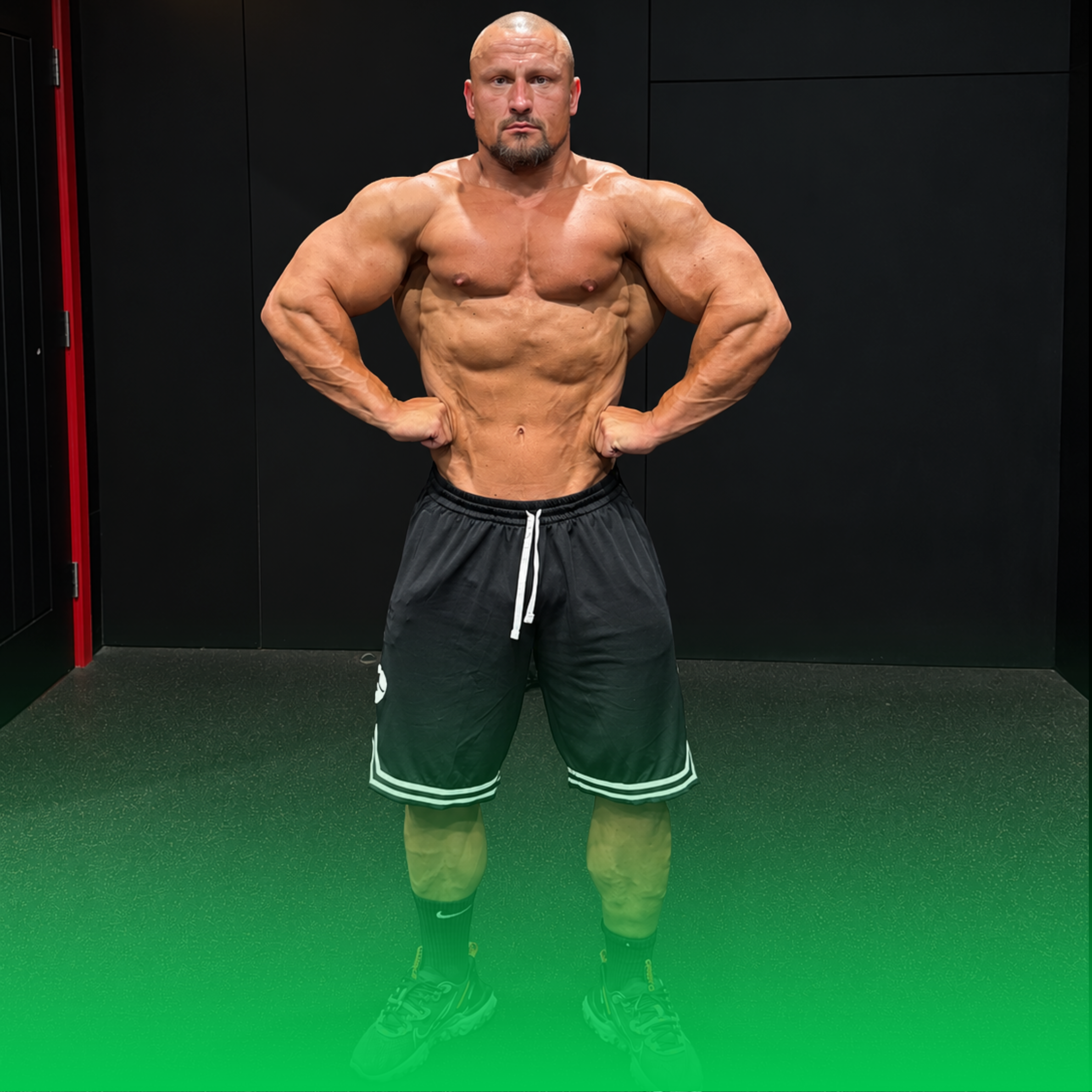 A muscular man standing with hands on hips in a gym with black walls. He is wearing black athletic shorts, green compression socks, and running shoes.