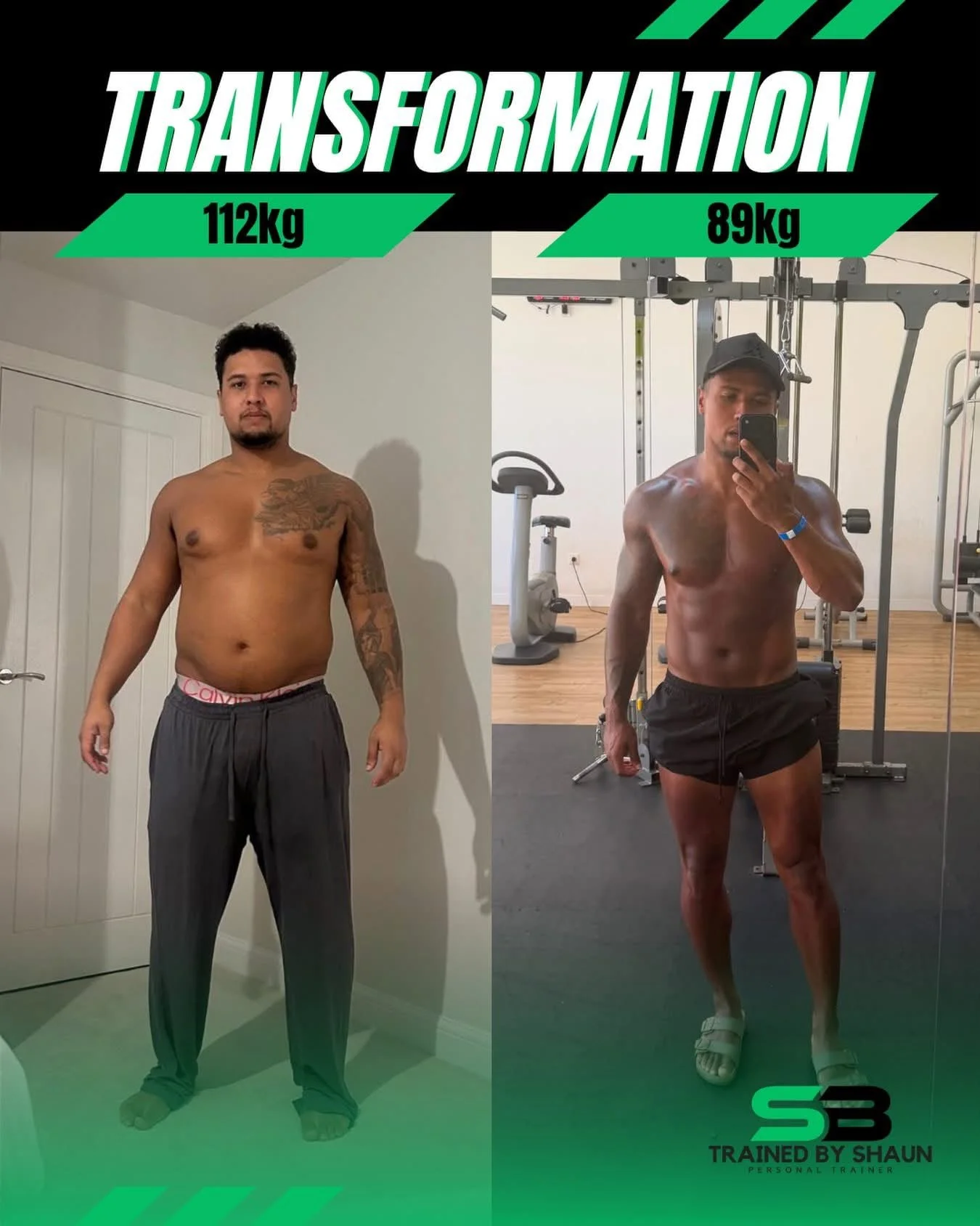 Side-by-side comparison of a man's weight loss transformation, showing his appearance before and after training. The left photo shows him shirtless with a heavier physique at 112kg, standing indoors with a neutral expression. The right photo shows him shirtless with a leaner, muscular build at 89kg, taking a mirror selfie in a gym, wearing a cap and shorts.