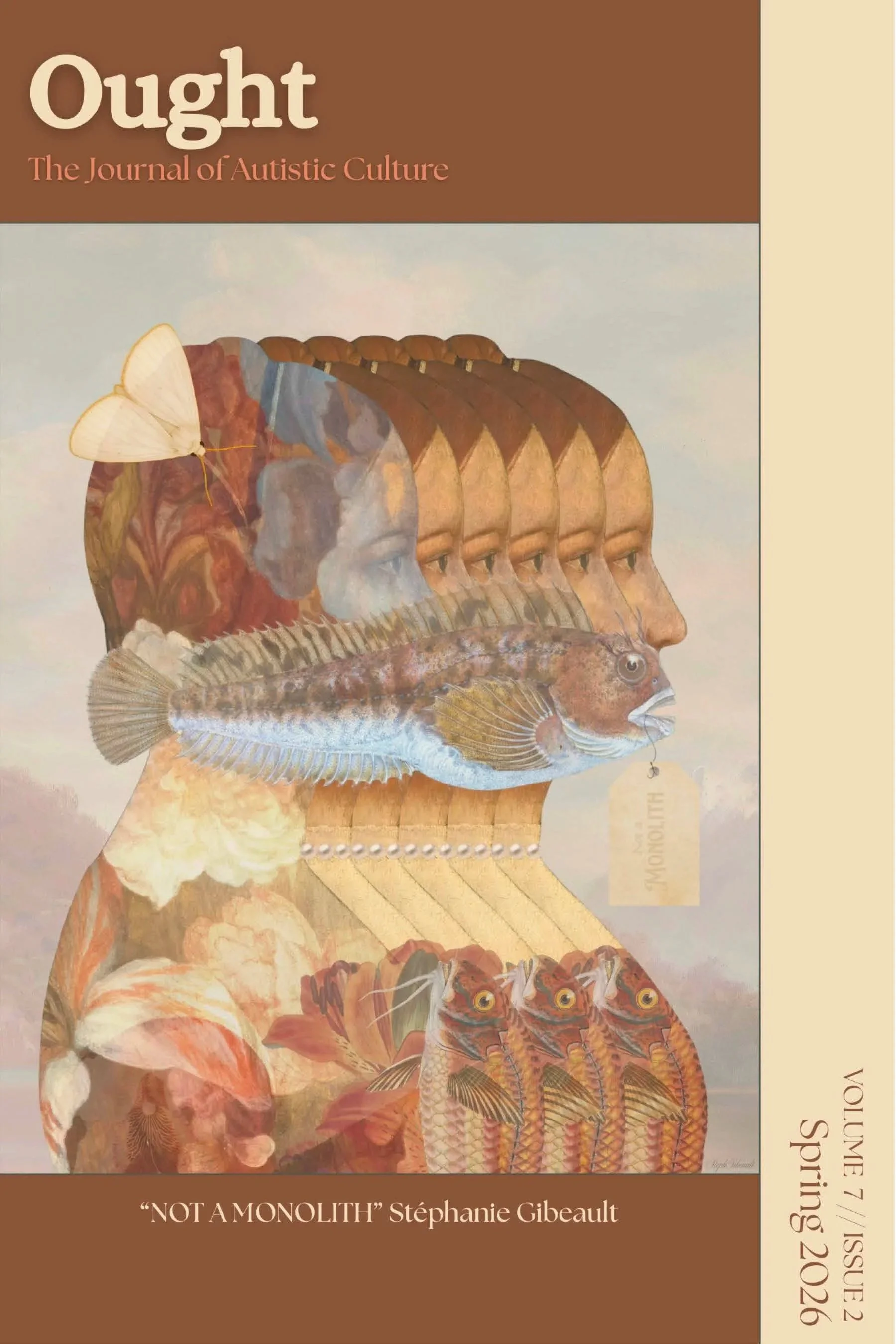 Book cover titled 'Ought: The Journal of Autistic Culture' features a surreal illustration of a human profile with a clock at the base of the neck, a series of fish with human faces forming the neck and head, and a butterfly on the head. The artwork incorporates elements of fish, human faces, flowers, and insects in a collage style.