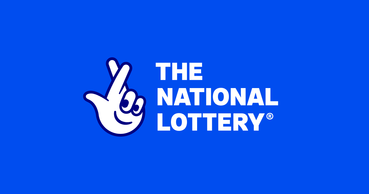 Blue background with the logo of The National Lottery, featuring a smiling hand making a crossed fingers gesture.