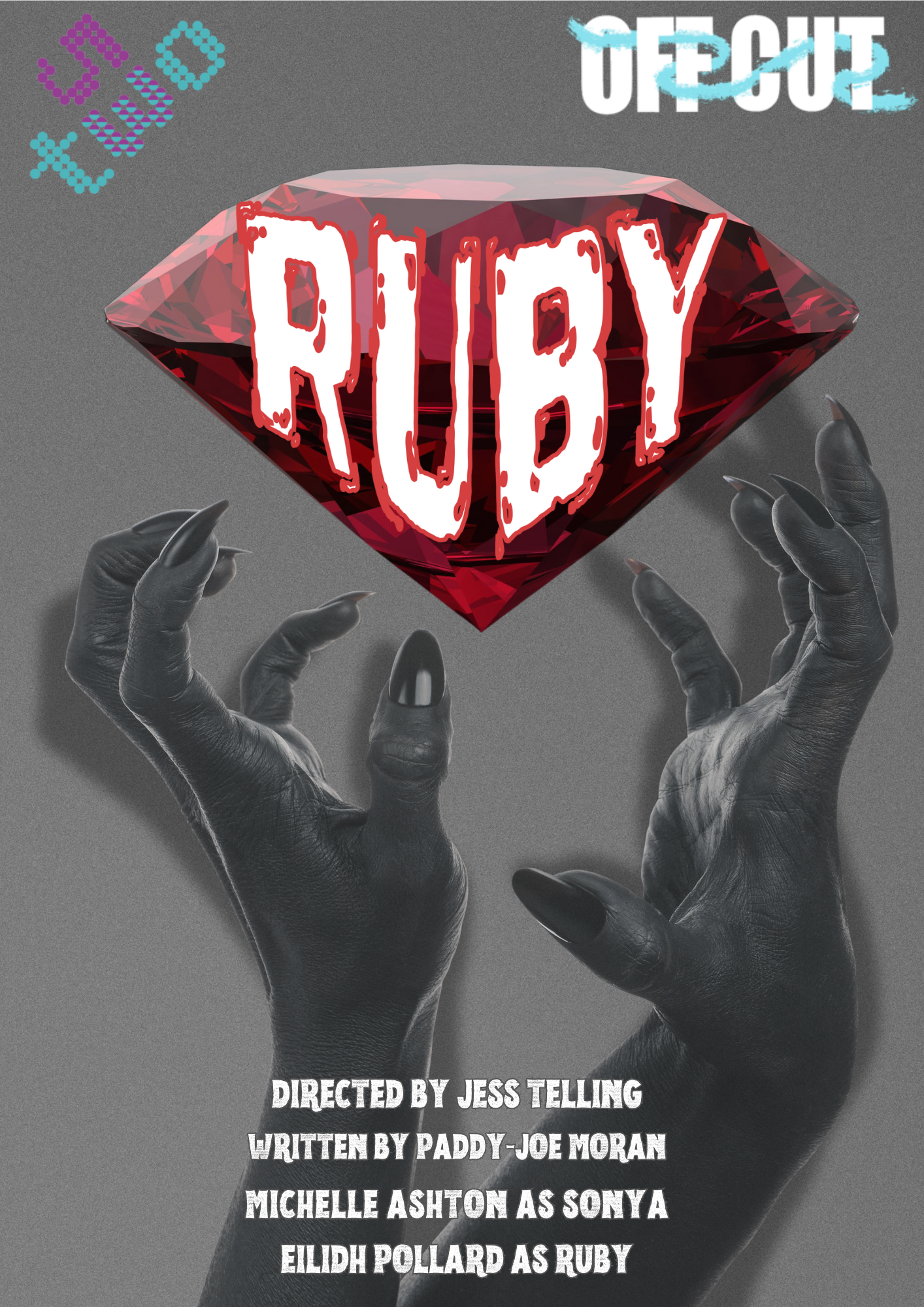 A pair of black hands with long nails holding a large, red, diamond-shaped gemstone with the word 'RUBY' written in white, distressed font on it. The background is grey. The top has the title 'OFFCUT' in bold white and blue letters, and the bottom lists credits with names and roles.