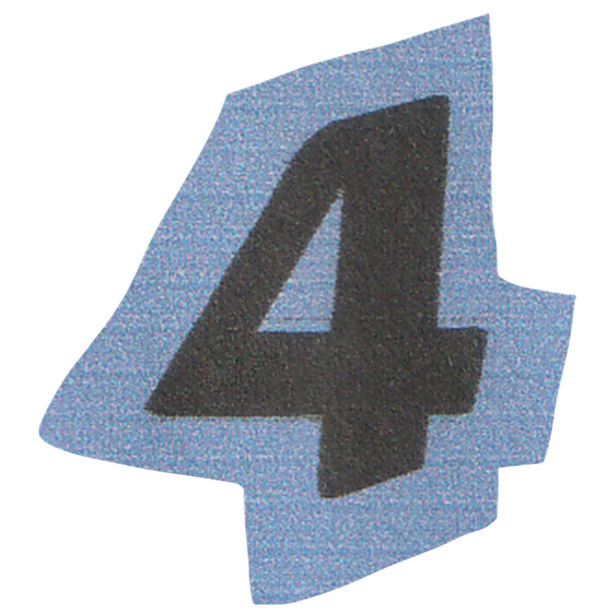 Close-up of a number 4 on a piece of paper with black text and a blue and purple speckled background.