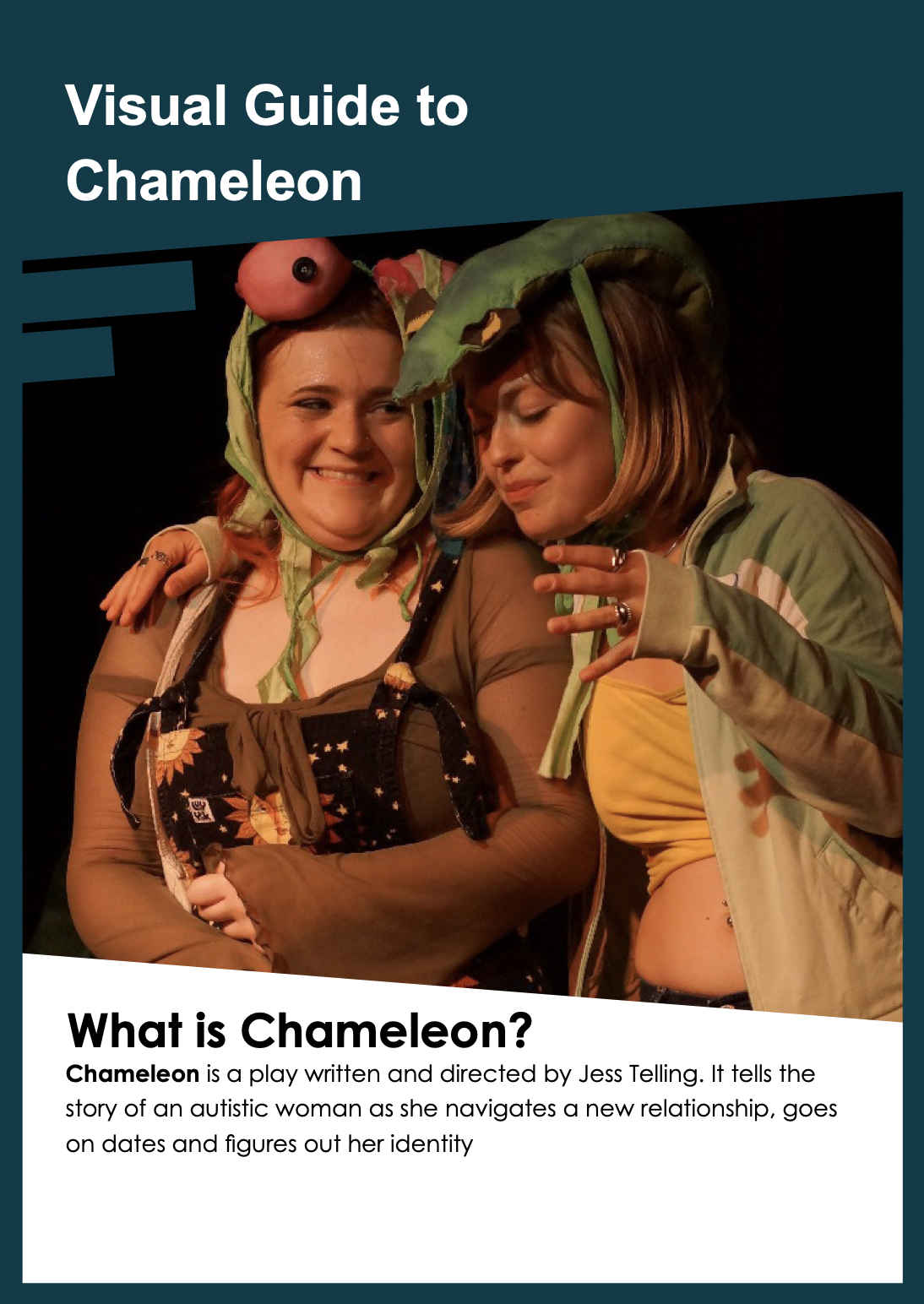 Poster for the play 'Chameleon' featuring two women wearing costumes with chameleon and plant themes, smiling and posing together.