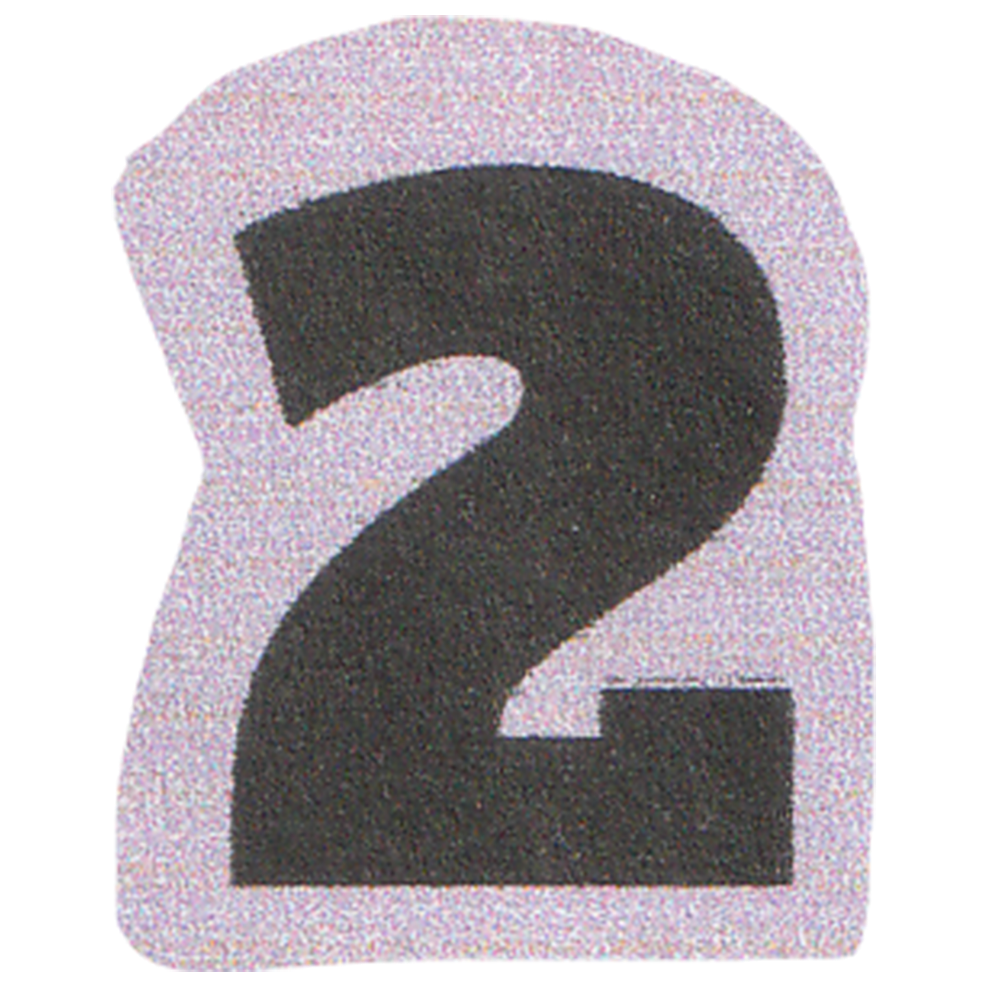 Close-up of a number 2 round sticker with black and white designs, glittery pink border, and partial visible colorful edges.