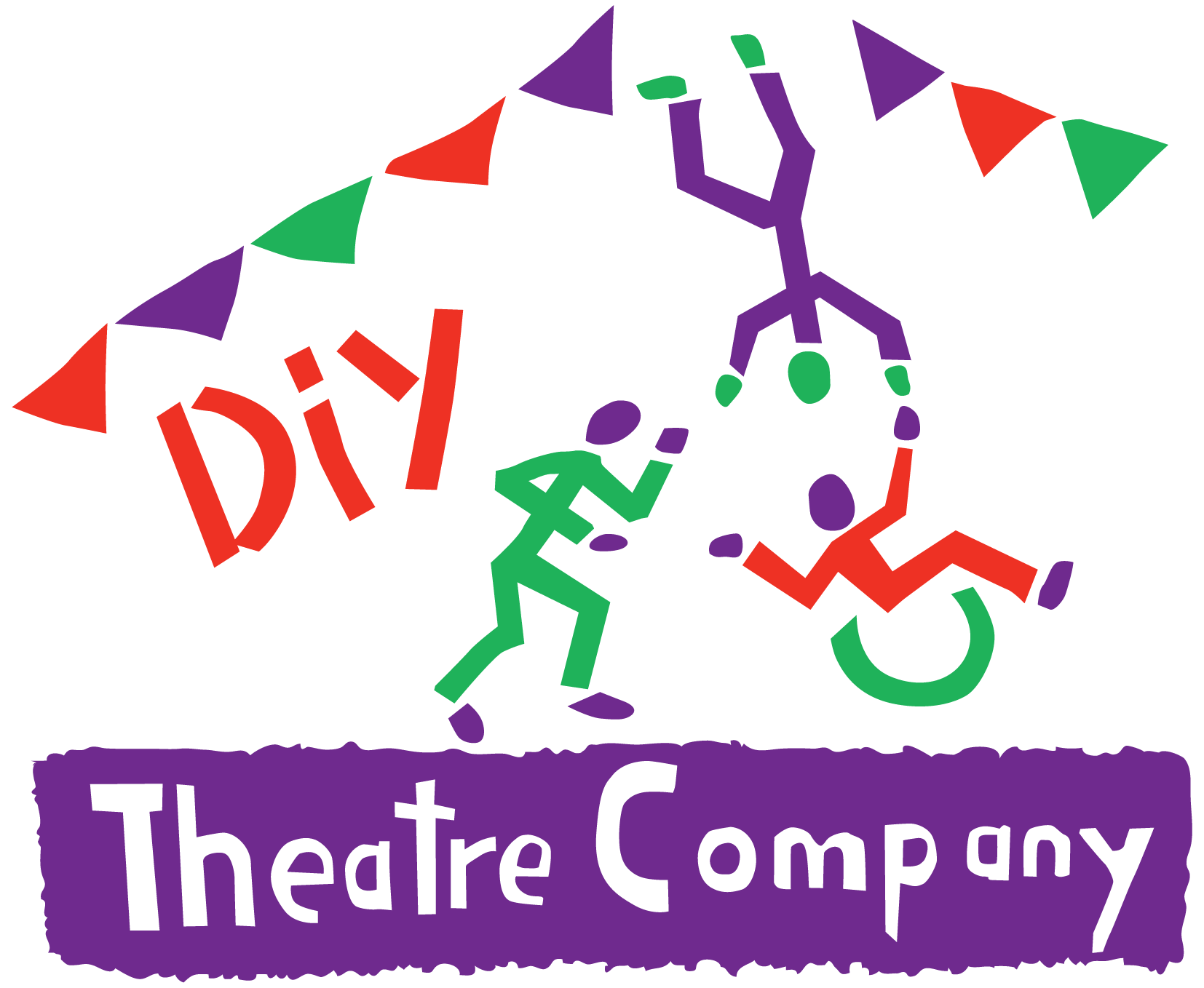 A colorful, stylized logo for Theater Company featuring two figures, a person running and a person in a wheelchair, with a string of multicolored pennant flags above. The text reads 'Thatre Company' in purple.