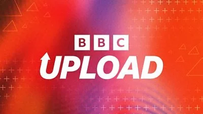 BBC Upload logo on a red and purple gradient background with geometric patterns.