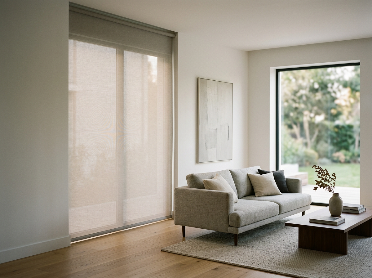 Sala moderna con sofá gris y cojines sobre alfombra beige, ventana grande con vista a jardín, mesa de centro con libros y jarrón con rama seca. Persiana enrollable en la ventana izquierda.