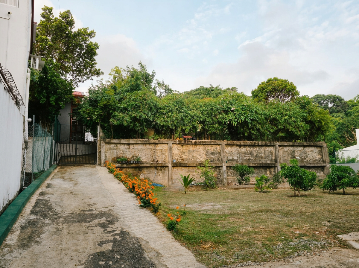 A garden with various trees and plants, a concrete pathway with orange flowers along the edge, a stone wall, and a gate leading to a house or building on the left side.