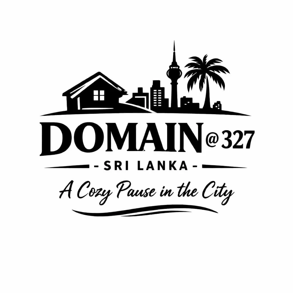 A logo design featuring a silhouette of a house, city skyline, and palm trees with text that reads "Domain @ 327 Sri Lanka - A Cozy Pause in the City."