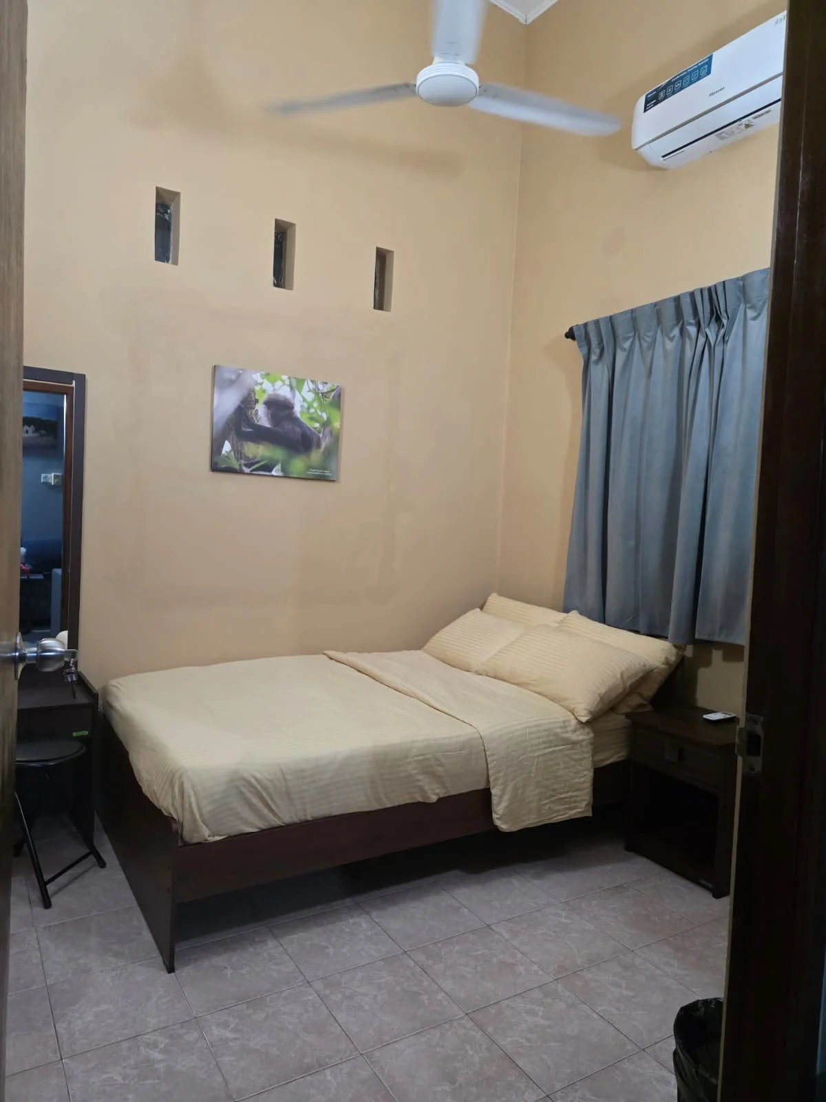 A small bedroom with a single bed with cream-colored bedding and pillows, a dark wood nightstand with a remote control, a window with blue curtains, a wall-mounted air conditioning unit, a ceiling fan, and a framed picture of an orangutan on the beig