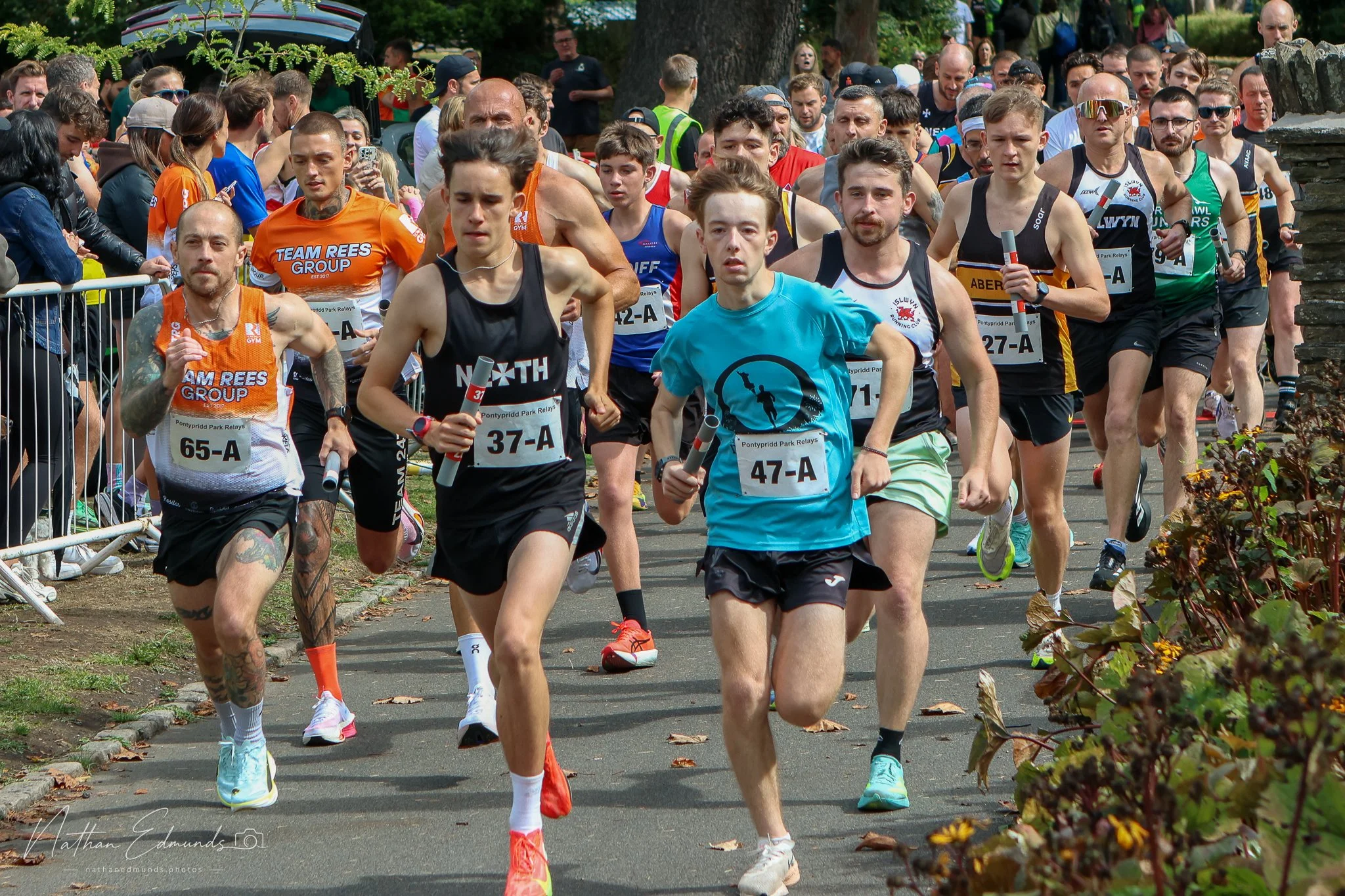 A large group of runners participating in a race, some holding batons, running along a paved path in a park with spectators on the side and trees in the background.