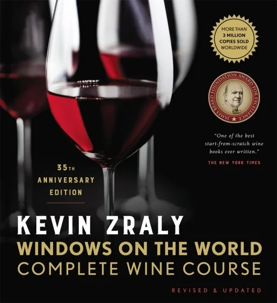 Cover of the book titled 'Windows on the World: Complete Wine Course' by Kevin Zraly, 35th Anniversary Edition, featuring glasses of red wine.