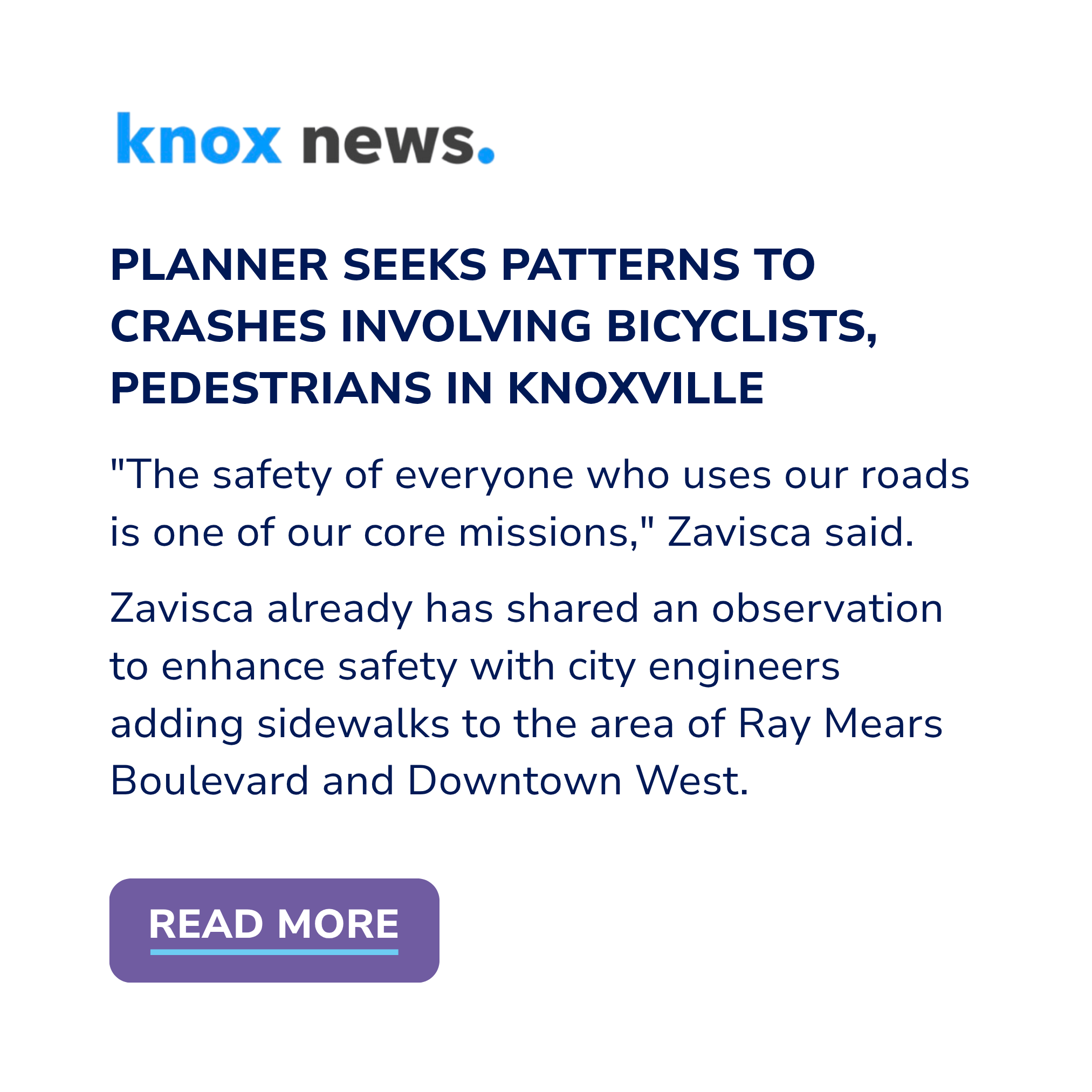 Screenshot of a news article from Knox News titled "Planner seeks patterns to crashes involving bicyclists, pedestrians in Knoxville."