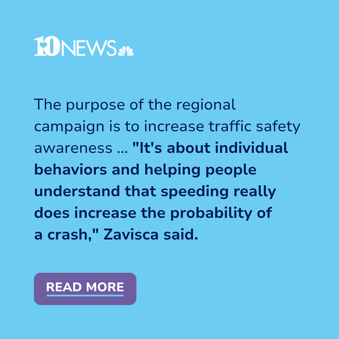 A screenshot of a news quote about traffic safety awareness, with a blue background, the 10 News logo in the top left, and a purple 'Read More' button at the bottom.