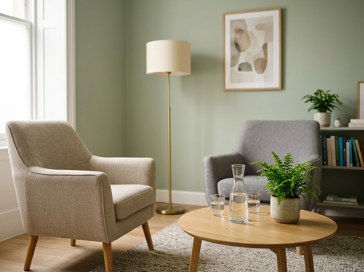 A cozy living room corner with two armchairs, a round wooden coffee table with a potted fern and glassware, a bookshelf, a floor lamp, a framed abstract art piece on a green wall, and a window allowing natural light.