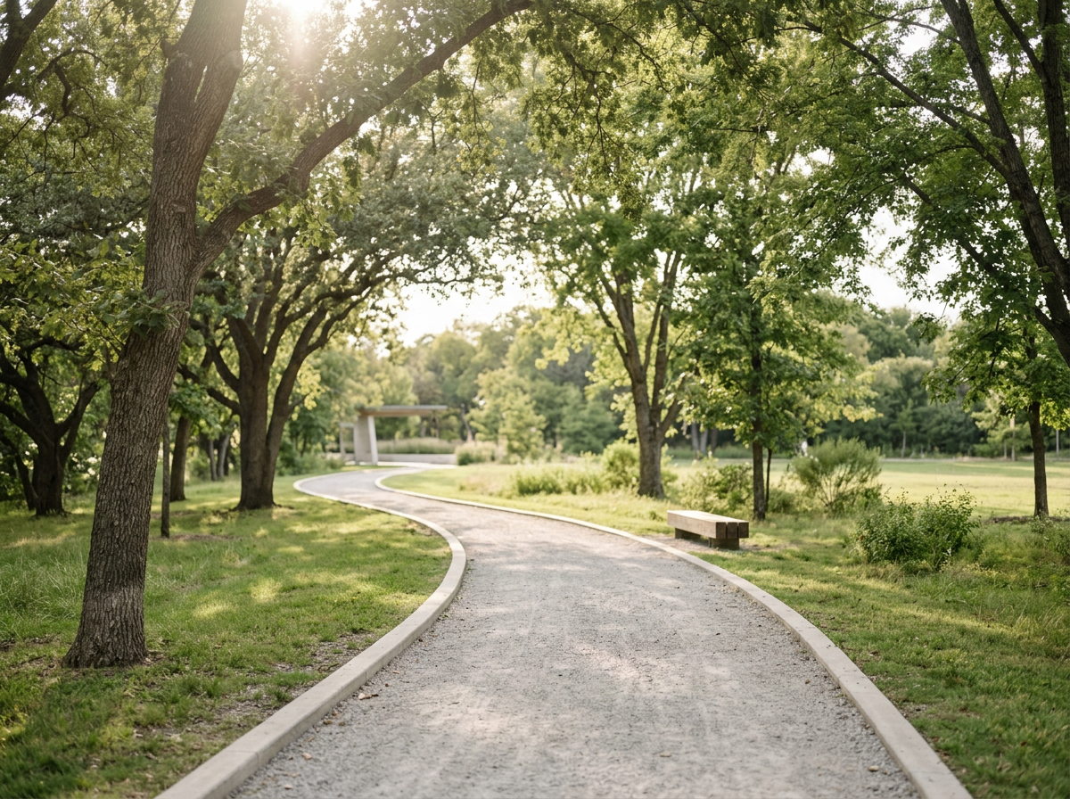 A curved gravel walking path in a lush green park with tall trees, a wooden bench on the right side, and a modern structure in the background. Sunlight filters through the leaves.