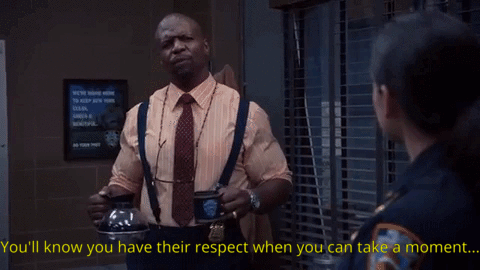 A gif of Brooklyn 99 where Terry demonstrates that he can pause while speaking and still hold attention.