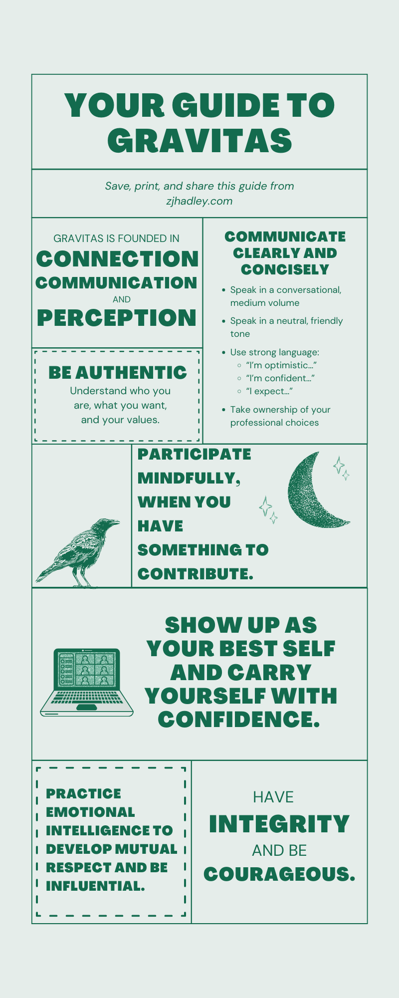 Gravitas is founded in connection, communication, and perception.  Be authentic: understand who you are, what you want, and your values. Communicate clearly and concisely. Participate mindfully, when you have something to contribute.