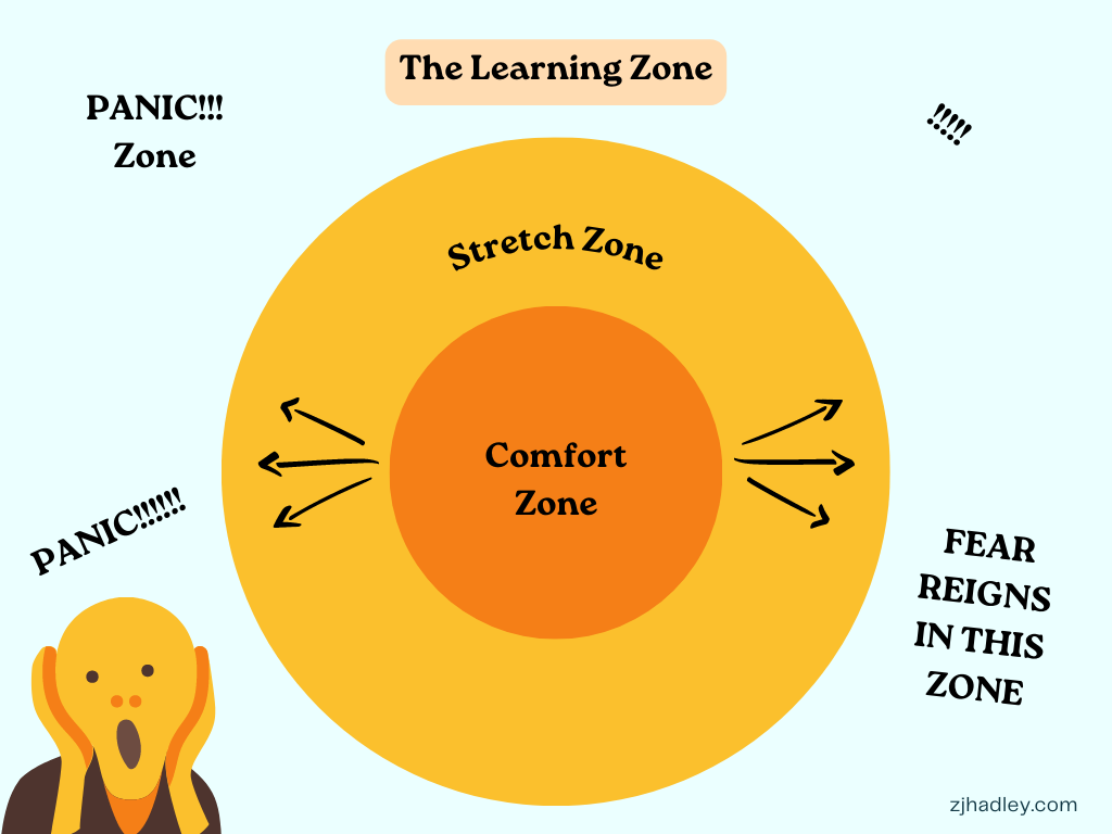 Graphic image of the learning zone: comfort zone, stretch zone, panic zone.