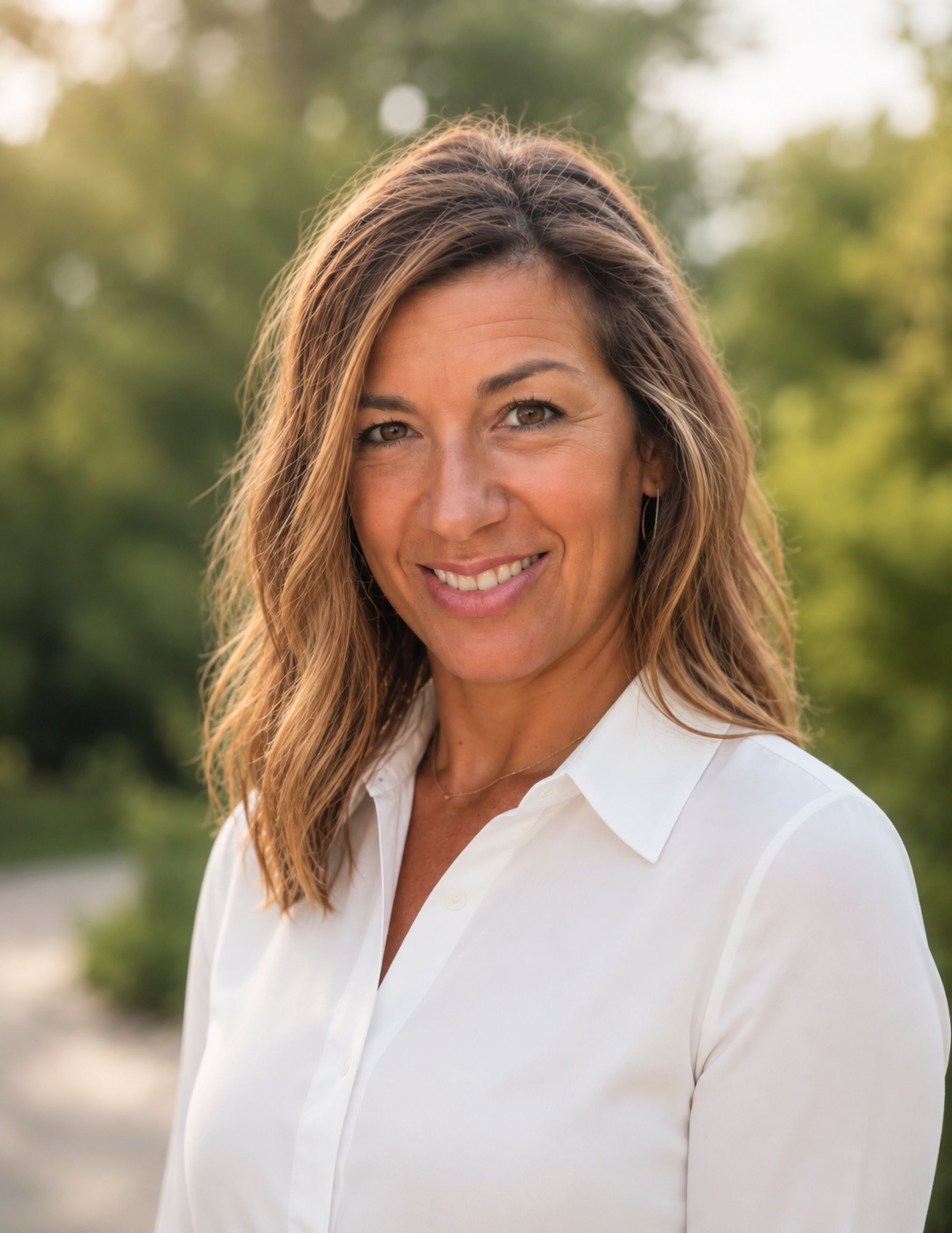 A woman with long, wavy brown hair and light brown eyes smiling outdoors against a background of green trees and blurred foliage, wearing a white button-up shirt.