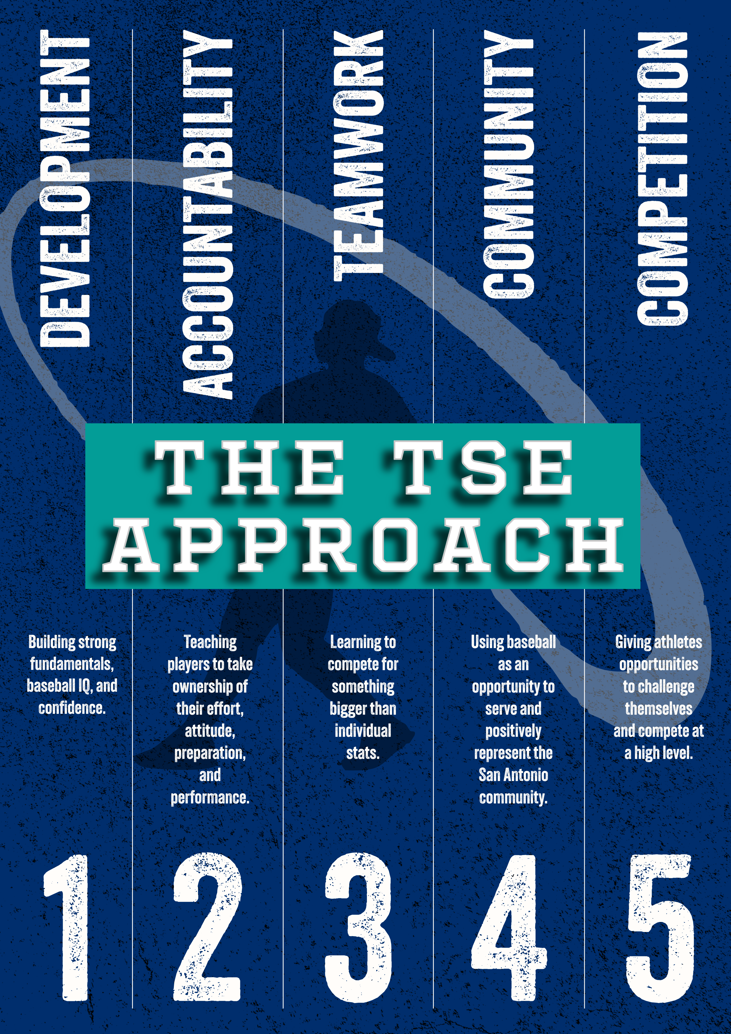 Infographic titled 'The TSE Approach' with five columns numbered 1 to 5, each containing text about baseball fundamentals and community engagement, set against a blue textured background.