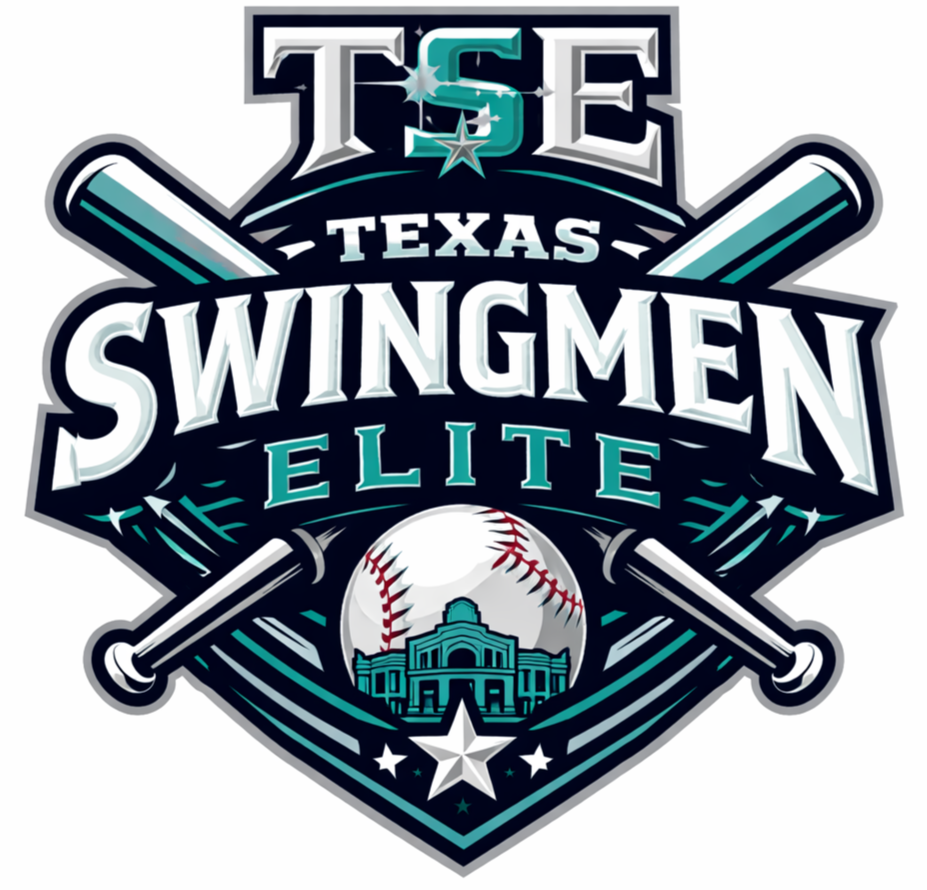 Logo for the Texas Swingmen Elite, featuring two crossed baseball bats, a baseball, and a depiction of a building, with stars and a shield design.