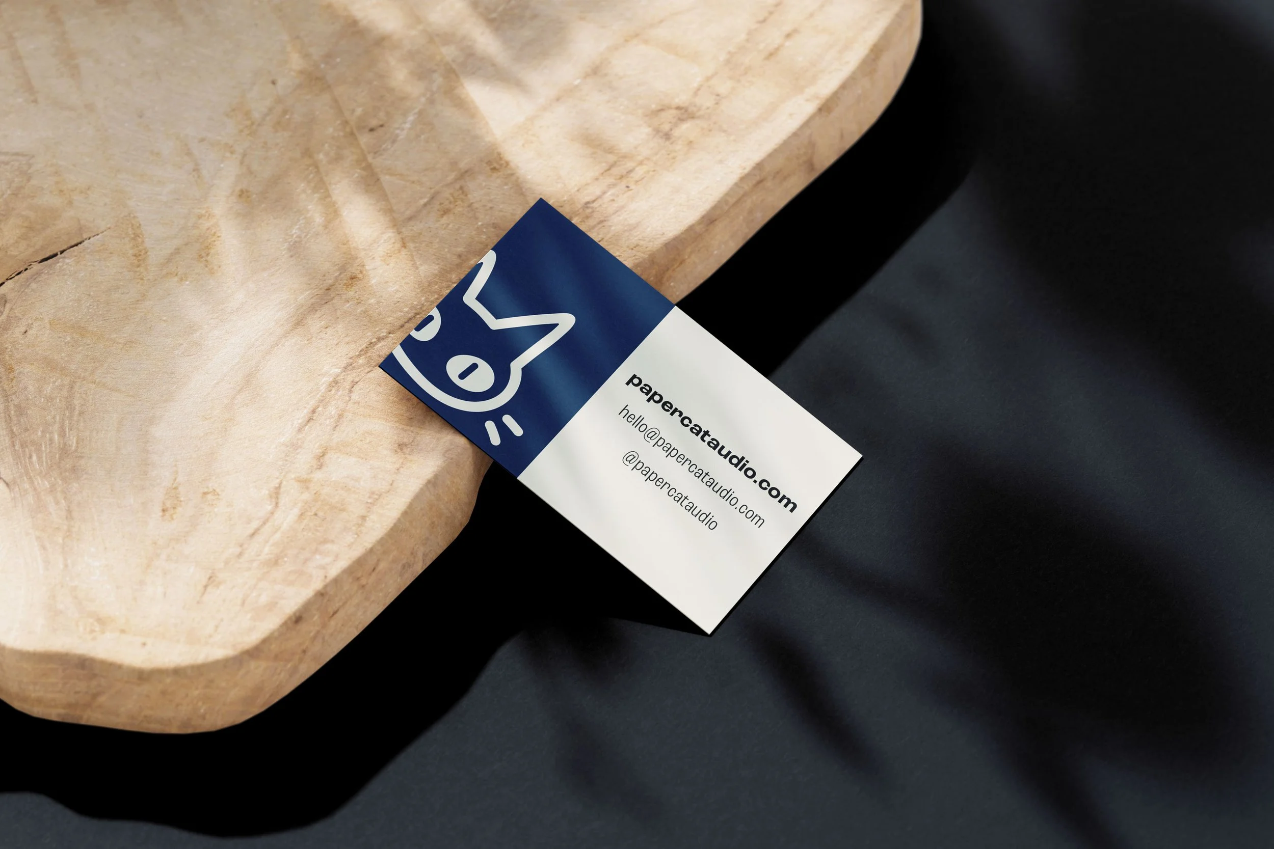 Paper Cat Audio business card with website, social media, and contact information