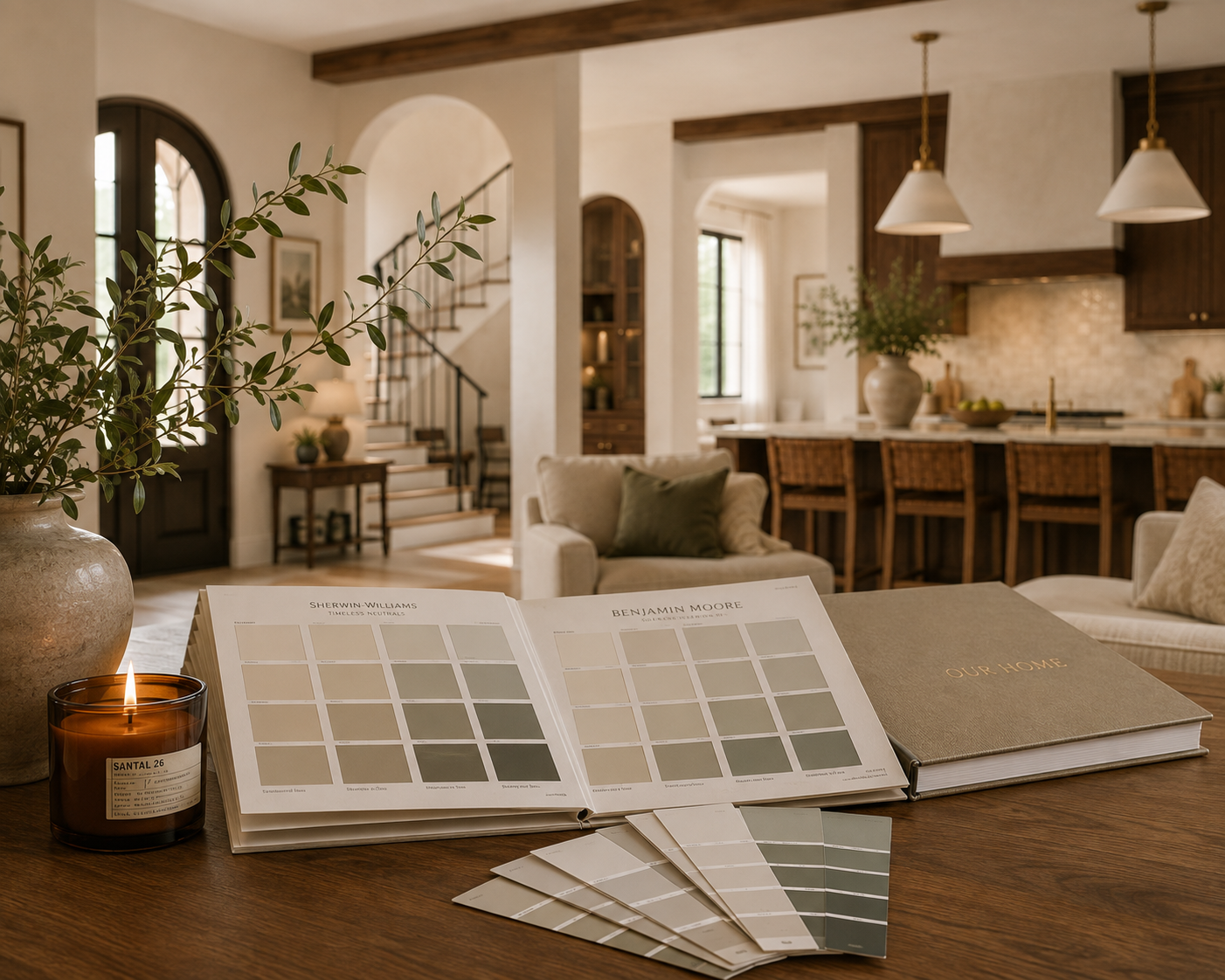 Interior of a living room and kitchen with color swatches, a candle, and a plant in the foreground.
