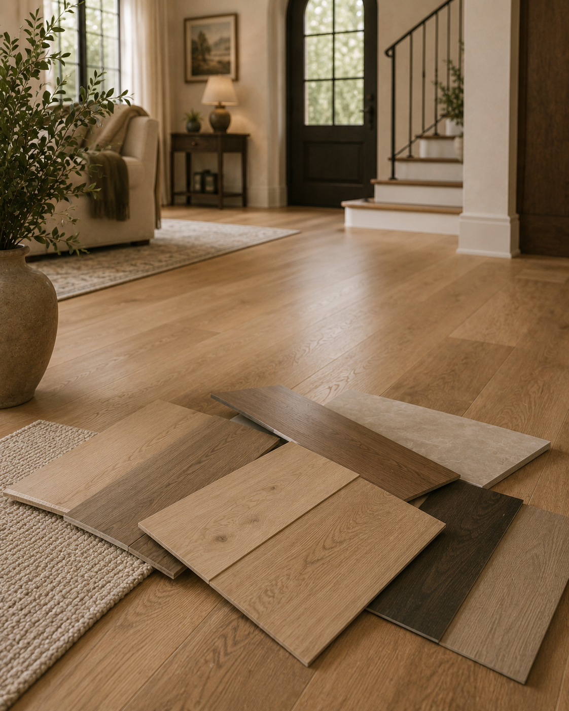 Samples of hardwood flooring planks on a living room floor near a rug and a potted plant, with a staircase and a door in the background.