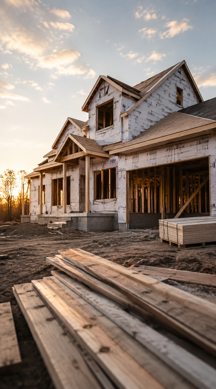 A house under construction with exposed wooden framing, set at sunset with a partly cloudy sky.