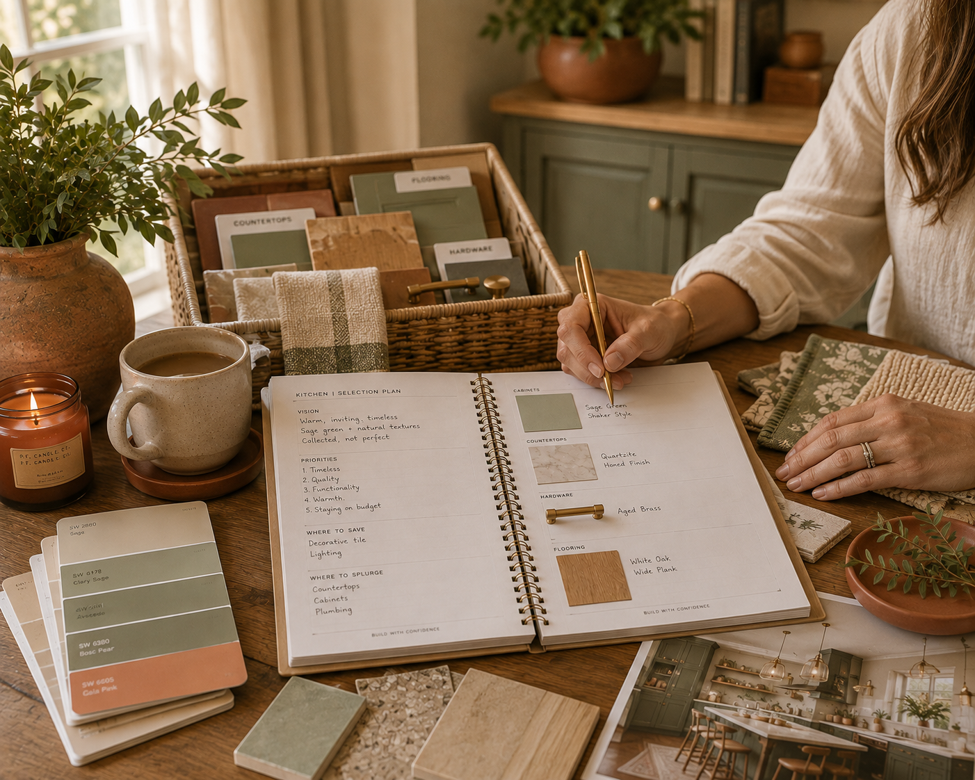 Interior design planning table with color swatches, paint samples, a notebook with design notes, a candle, a mug of coffee, fabric samples, and a plant, reflecting a home renovation or decorating project.