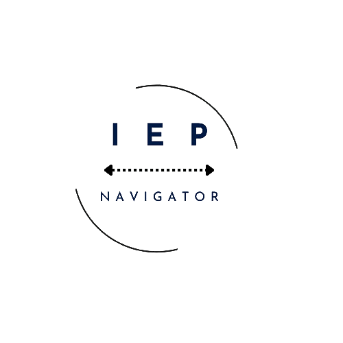 Logo with the text 'IEP Navigator,' featuring a horizontal arrow with dotted line and curved lines above and below.