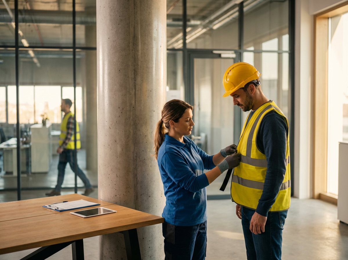 A woman helping a man put on a yellow safety vest in an office or industrial space, with another worker visible in the background.