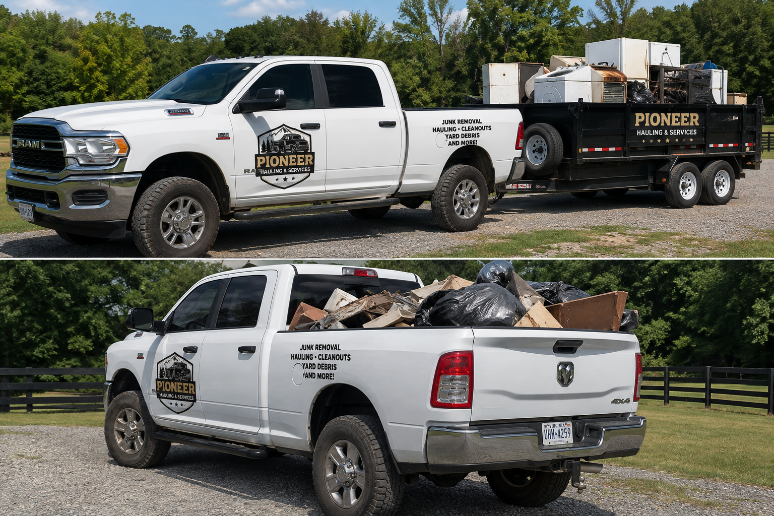 A white pickup truck labeled 'Pioneer Hauling & Services' with a black trailer attached, loaded with various types of yard debris and junk, including black trash bags and discarded furniture, parked outdoors with green trees in the background.