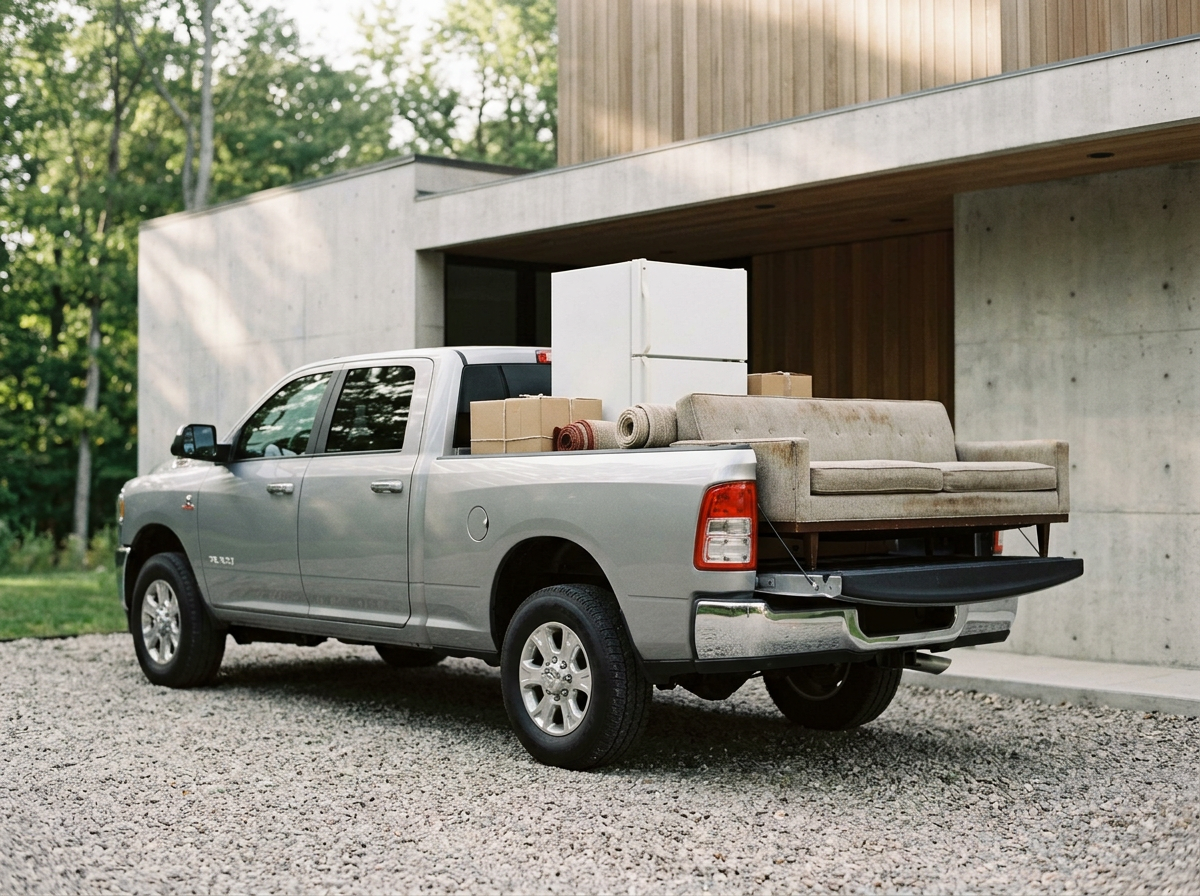 Silver pickup truck parked outside a modern house, loaded with household furniture, boxes, and a refrigerator in the truck bed.