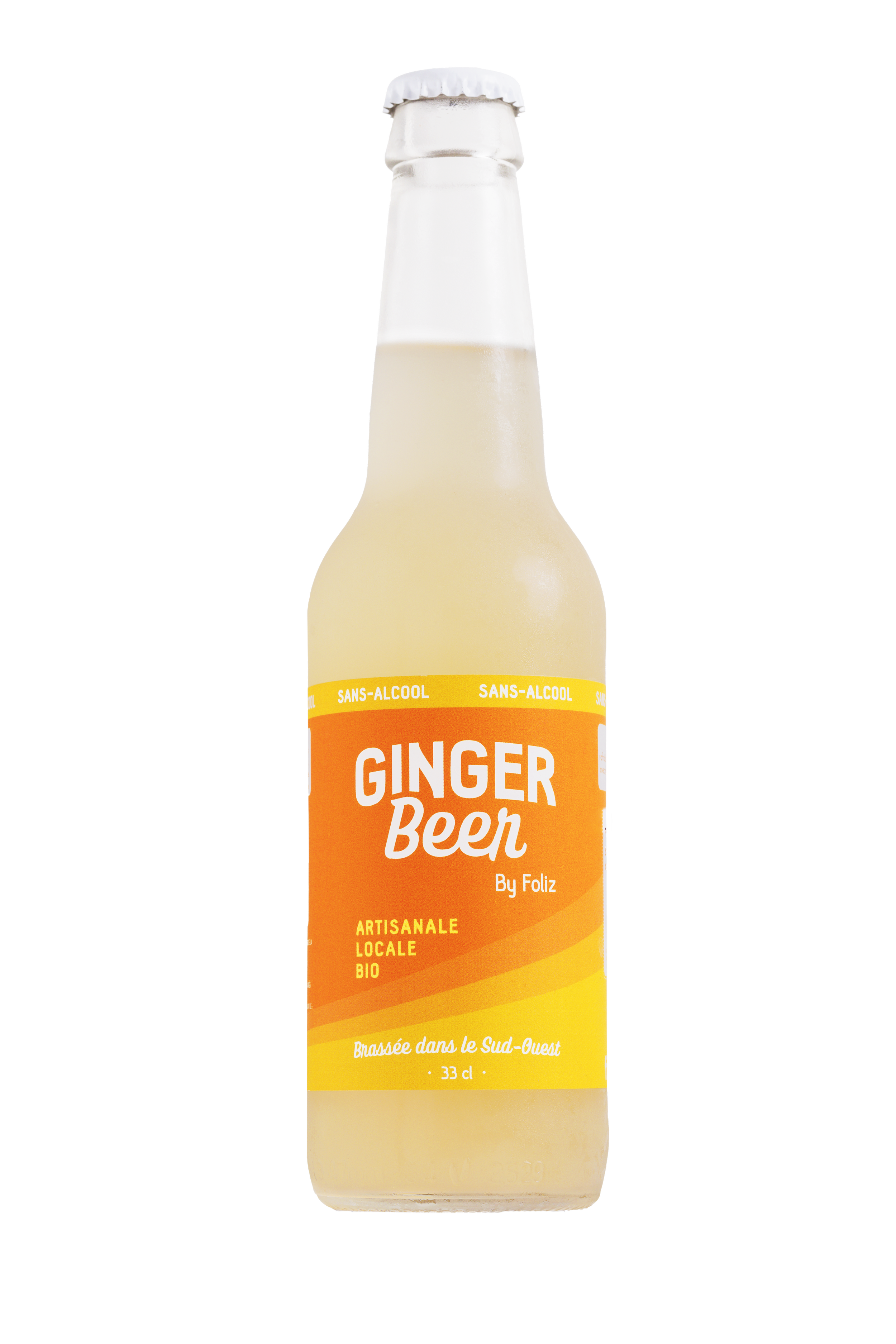 Bouteille de ginger beer sans alcool avec une étiquette orange et jaune, mentionnant qu'elle est artisanale, locale, bio, brassée dans le sud-ouest, d'une capacité de 33 cl, et créée par Foliz.