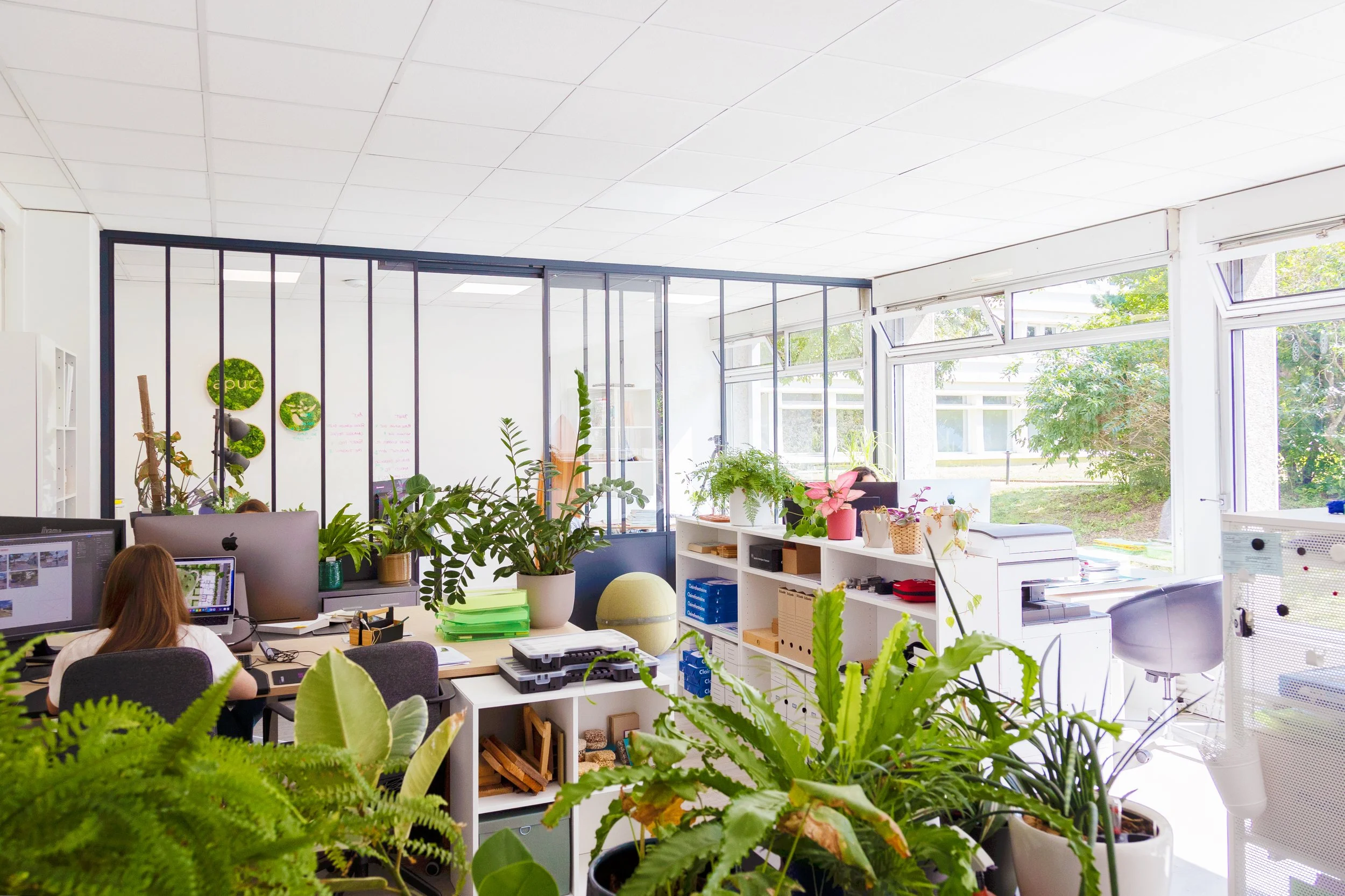 Bureau moderne avec de nombreuses plantes vertes, une personne travaillant sur un ordinateur, un grand vitrage laissant entrer la lumière naturelle, et une décoration intérieure avec des éléments en bois et en blanc.