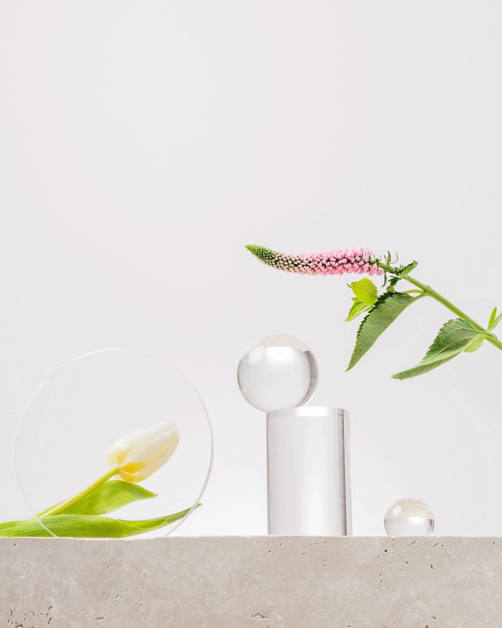 Composition abstraite avec des fleurs blanches et roses, des vases en verre, et des éléments de décoration en céramique, sur un fond blanc. Dispositifs de sucrerie modernes stylisés.
