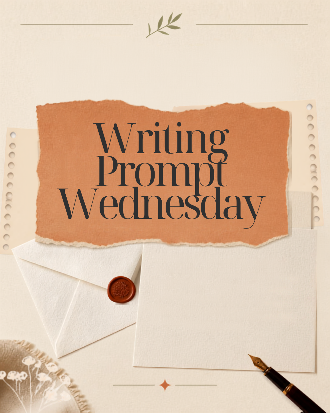 A cream-colored background with a torn orange paper overlay that reads "Writing Prompt Wednesday" in large, black, elegant text. There is a white envelope with a red wax seal, a black fountain pen with gold accents, and a small sprig of greenery at the top center. There is also a white fabric with floral embroidery in the bottom left corner.