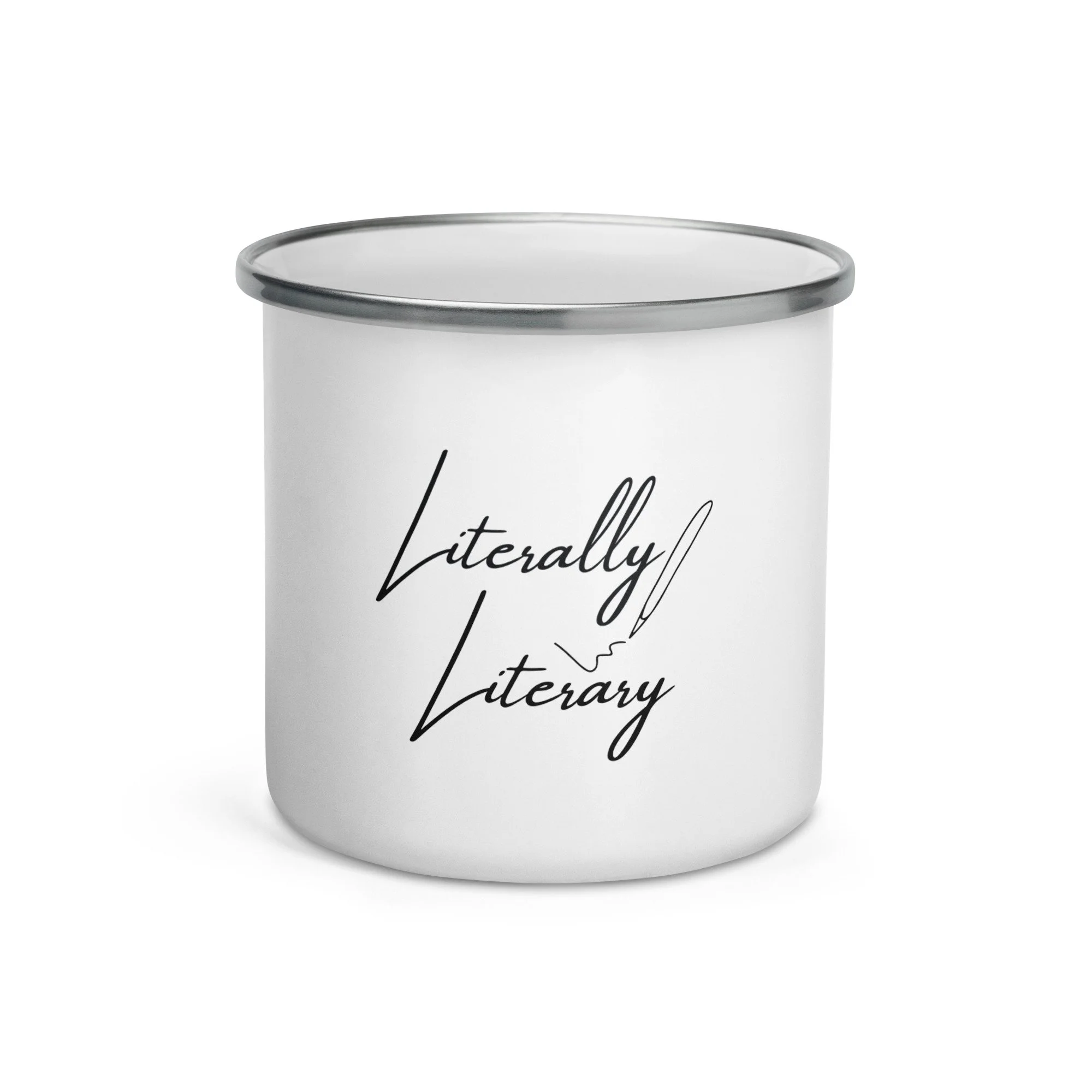 Literally Literary white enamel mug, front view