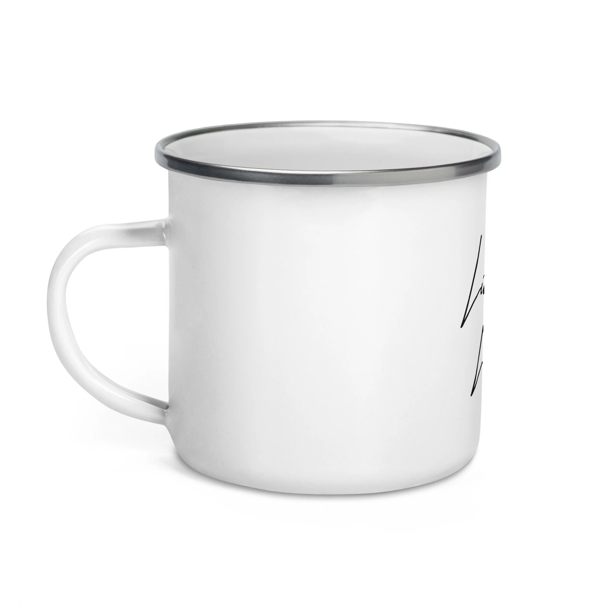Literally Literary white enamel mug, left side view