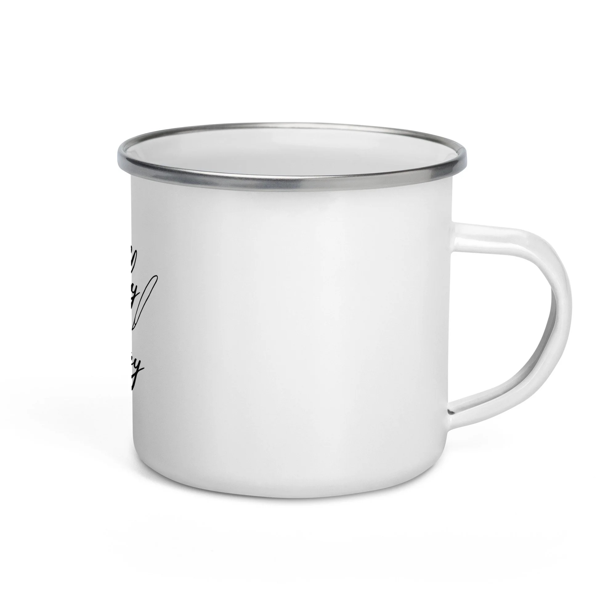 Literally Literary white enamel mug, right side view