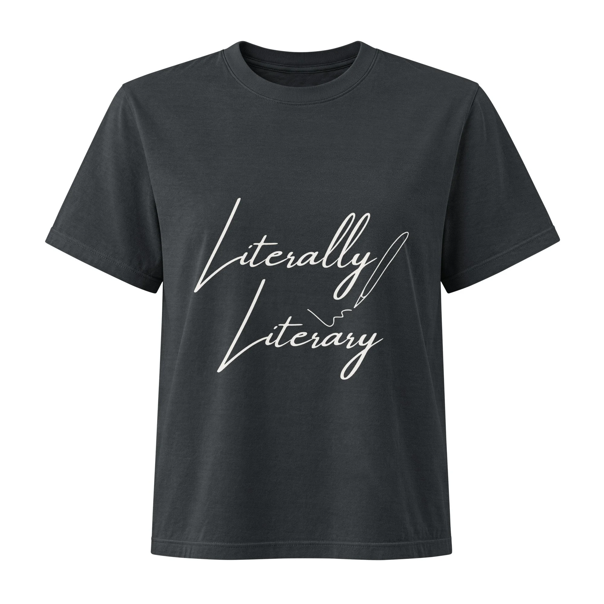 Literally Literary women's heavyweight tee in washed black, front