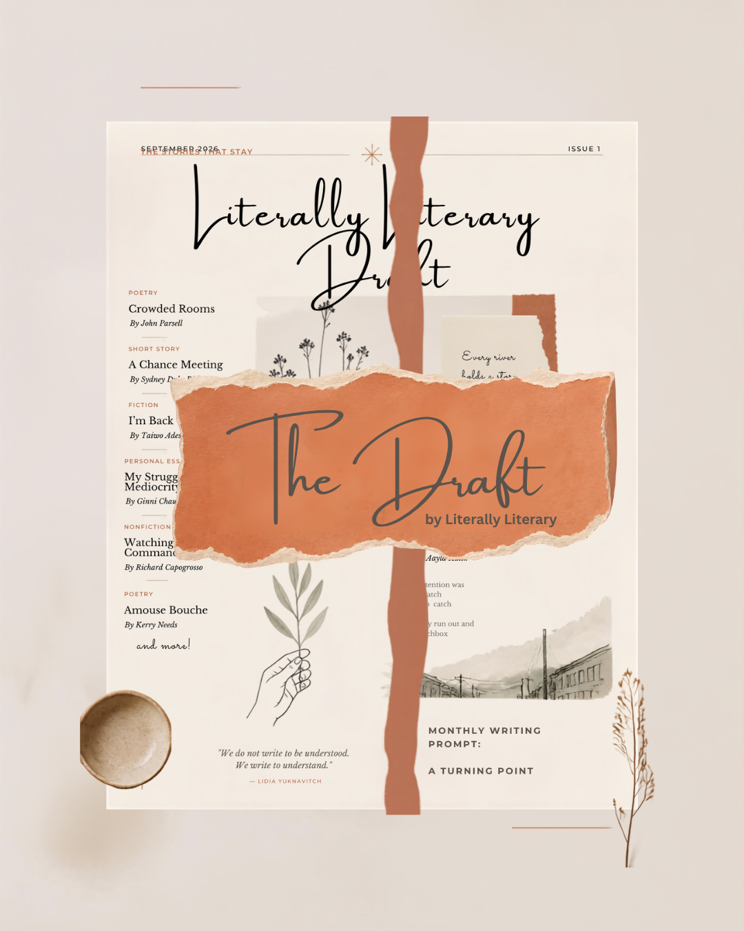 Cover of a literary magazine titled 'Literally Literary Draft', with torn paper layers and illustrations of plants, a hand holding a branch, and a landscape drawing.