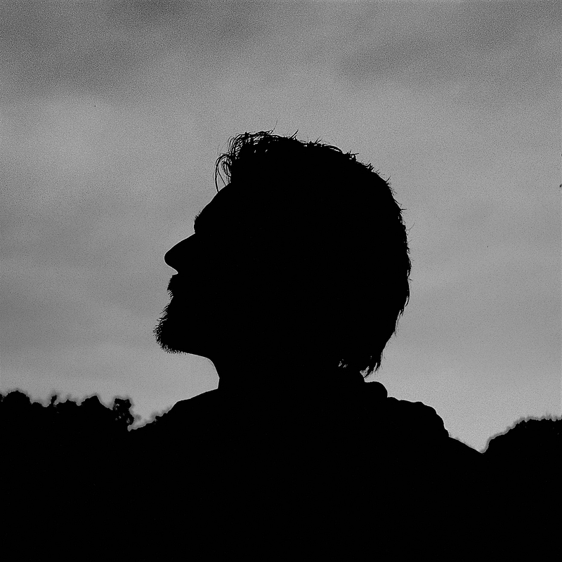 Silhouette of a man with a beard looking to the left against a cloudy sky.