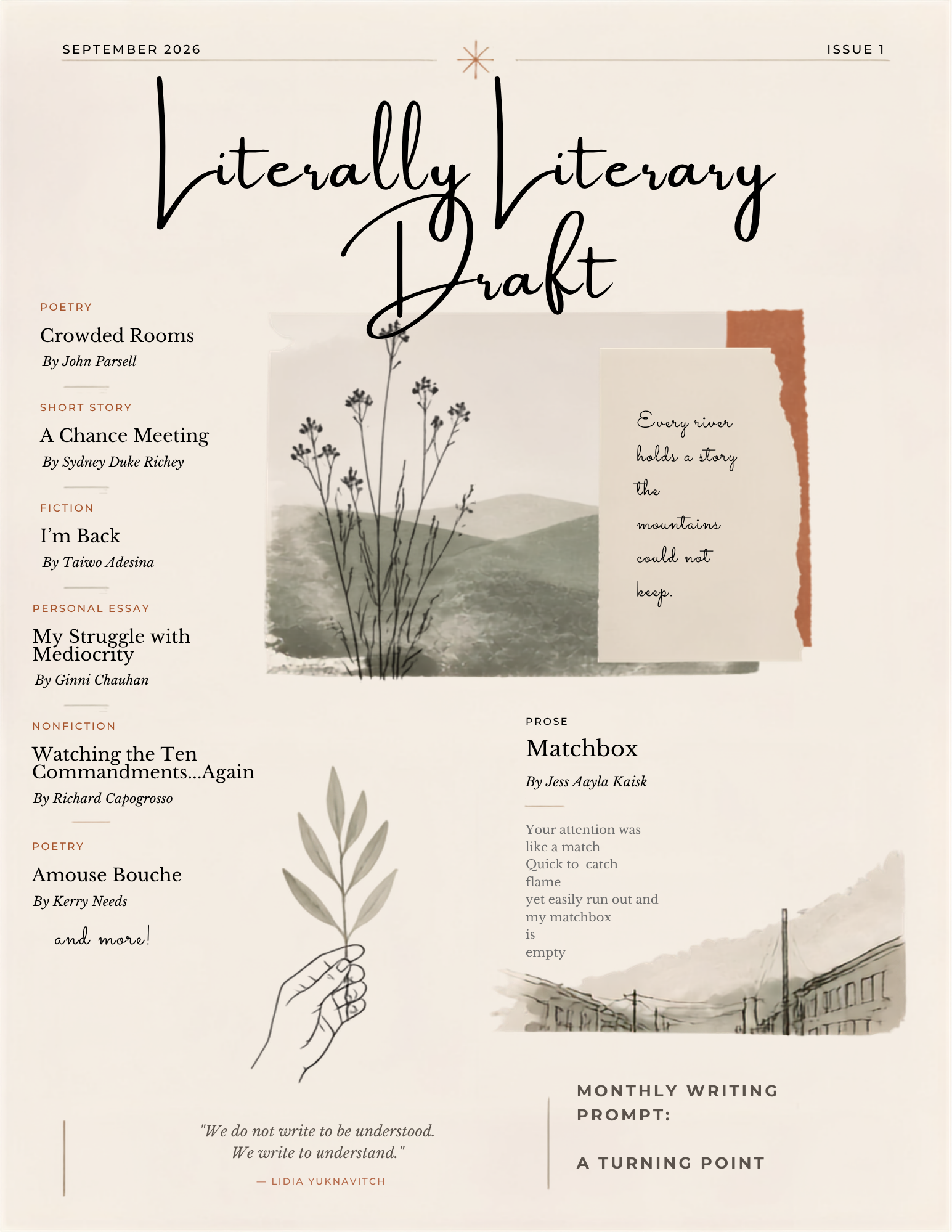 A newsletter titled "literary Draft" dated September 2026, Issue 1, featuring various literary genres such as poetry, short story, fiction, personal essay, and nonfiction. Includes titles and authors, with a background illustration of a hand holding a plant, and an inspirational quote.