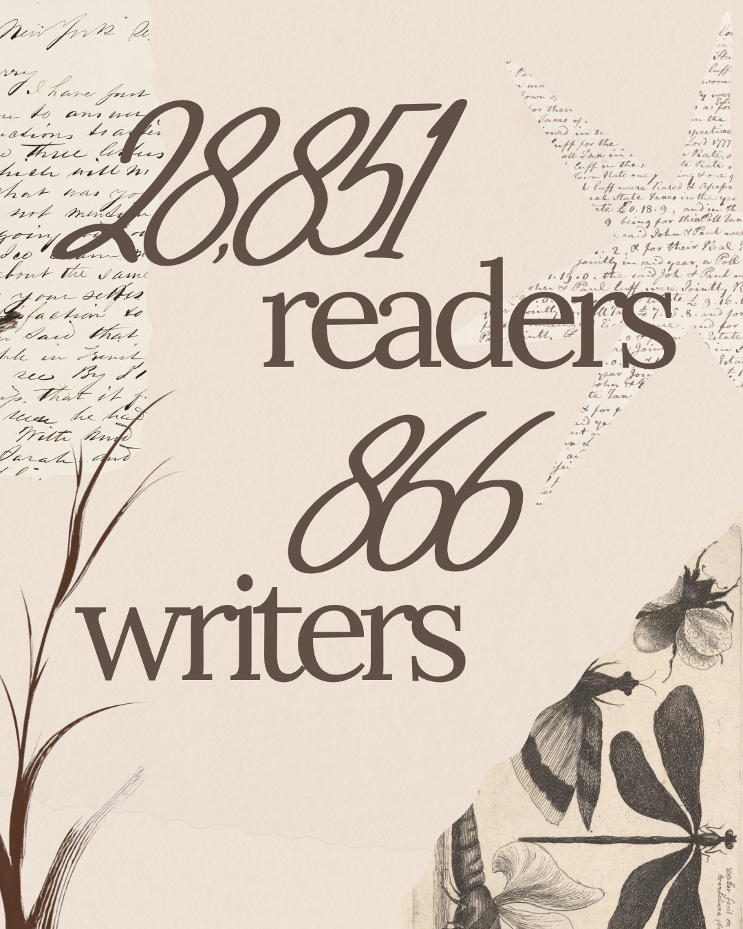 Text overlay on vintage background of handwritten letters, butterflies, and floral drawings, reading "18851 readers 866 writers".