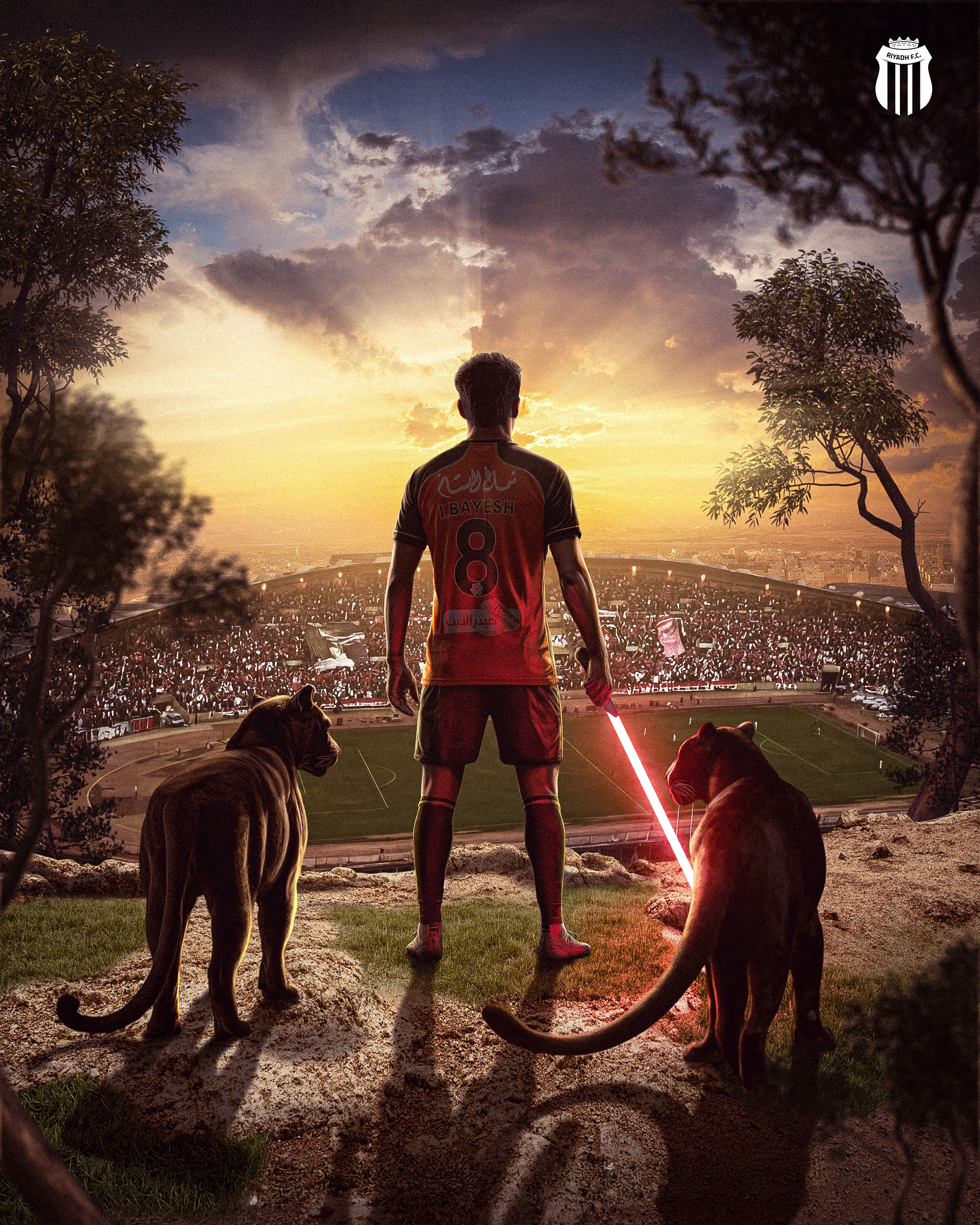 A soccer player with the name 'L. Bayesh' on his jersey stands with his back to the camera, silhouetted against a sunset sky. There are two lions in the foreground, one on each side, with their tails curled and heads lowered, gazing toward the player. The scene is viewed from a hill overlooking a crowded stadium and cityscape in the distance.