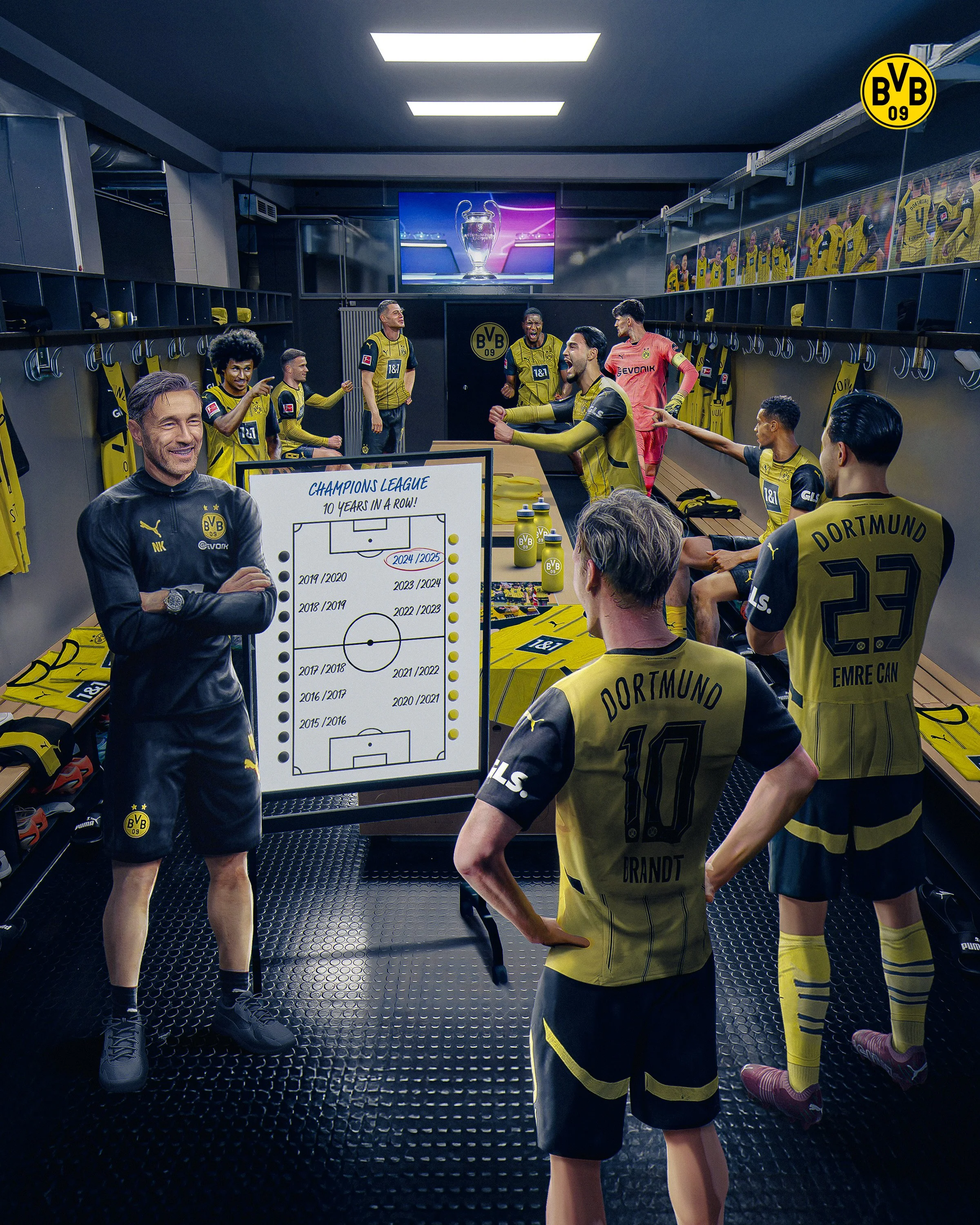 Dortmund soccer players celebrating in the locker room with coach, posters, and BVB logo.