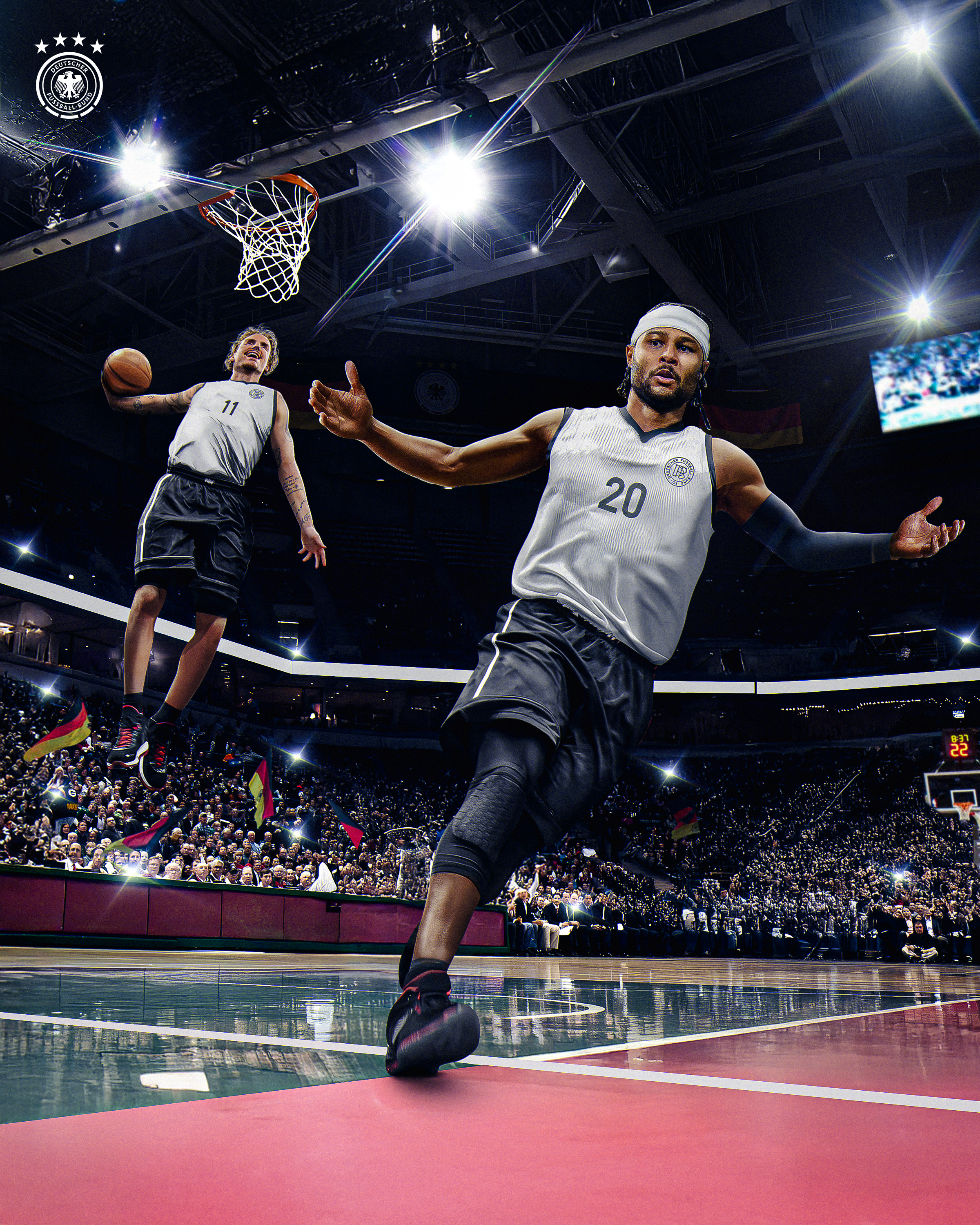 Two basketball players in black and white uniforms with numbers 11 and 20, one jumping towards the basket for a dunk, the other preparing to block, under bright arena lights with a packed crowd in the background.